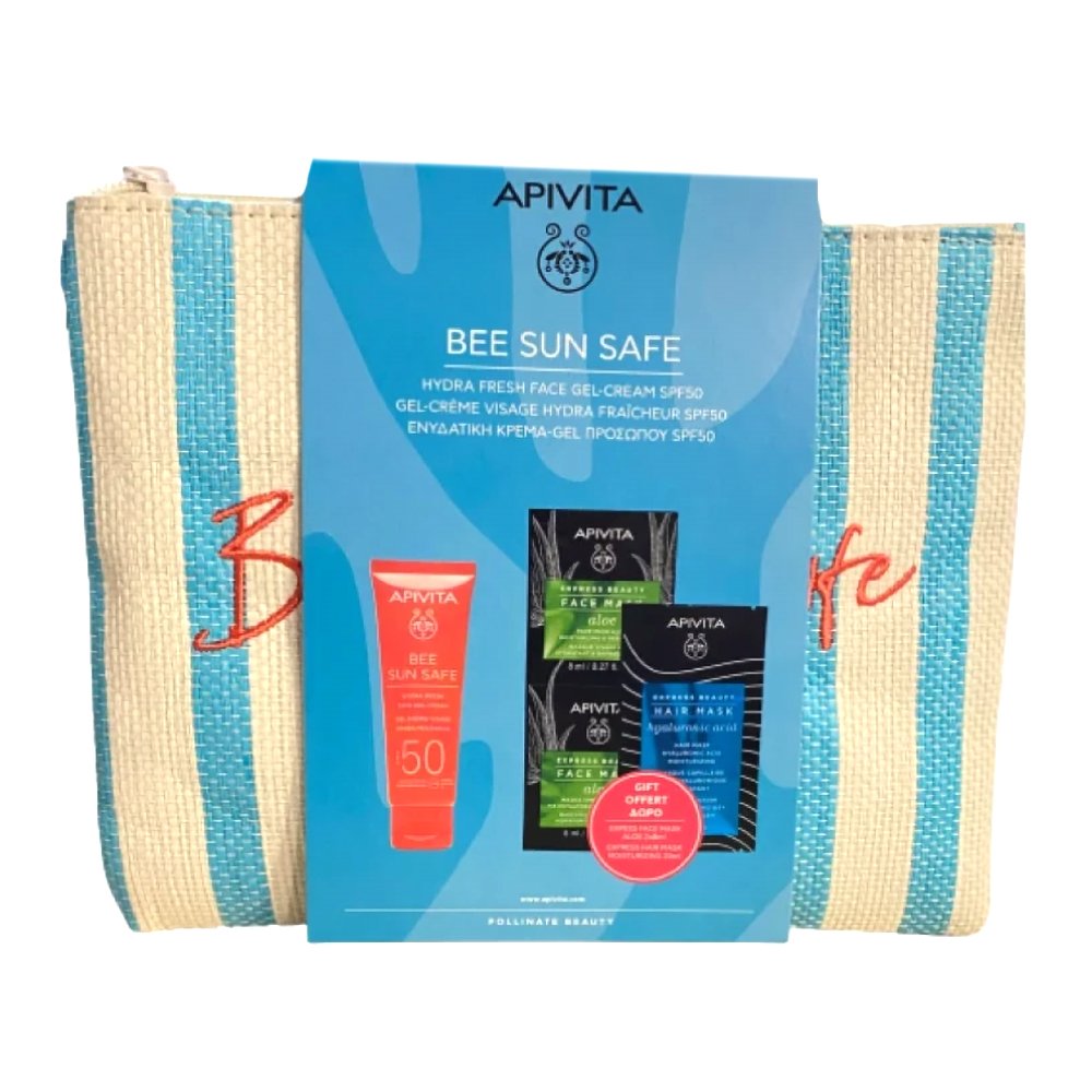Apivita Promo Bee Sun Safe Hydra Fresh Face Gel-Cream Spf50, 50ml, Express Beauty Face Mask with Aloe 2x8ml, Express Beauty Moisturizing Hair Mask Hyaluronic Acid 20ml & Δώρο Νεσεσέρ