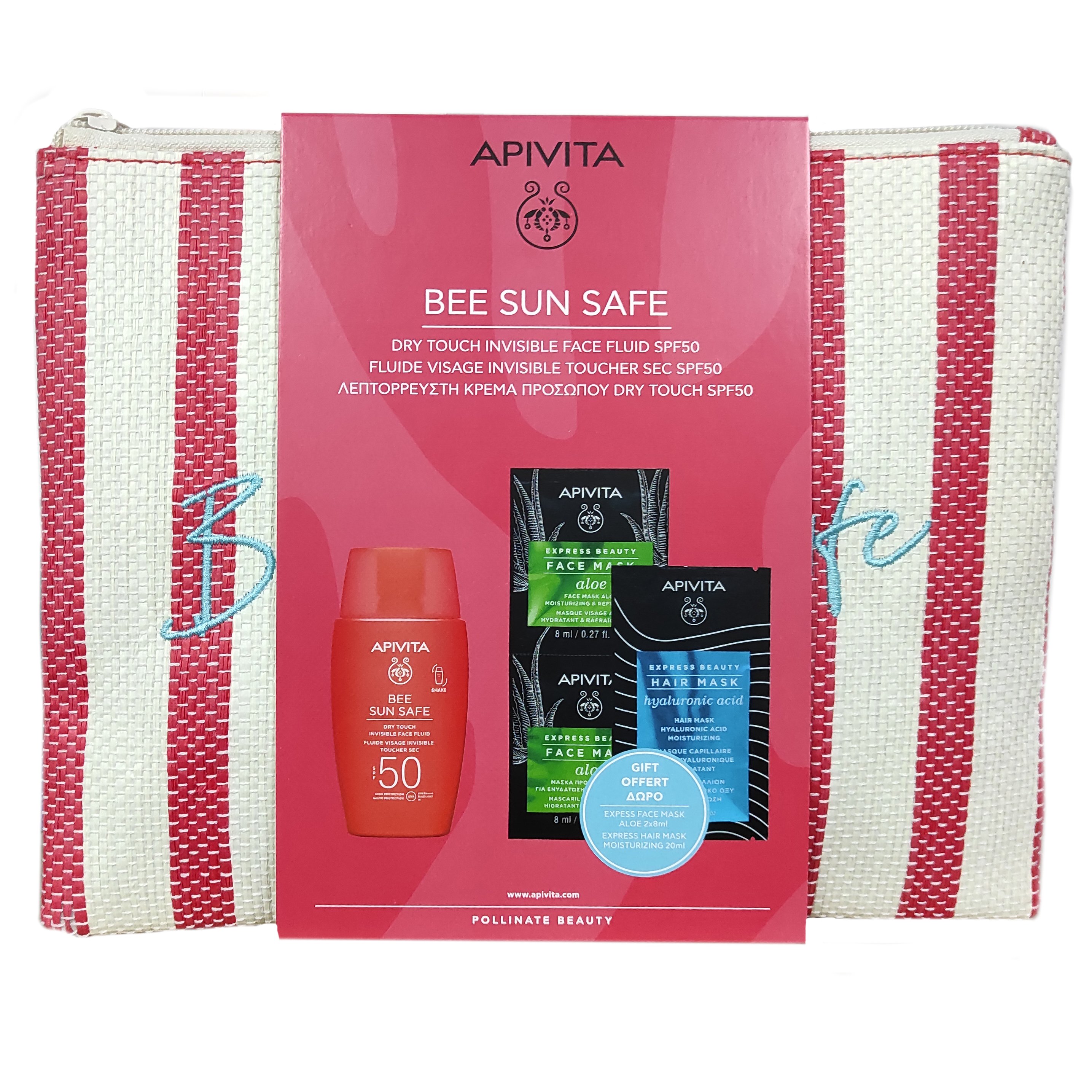 Apivita Promo Bee Sun Safe Dry Touch Invisible Face Fluid Spf50 with Marine 50ml, Express Beauty Face Mask with Aloe 2x8ml, Express Beauty Moisturizing Hair Mask Hyaluronic Acid & Δώρο Νεσεσέρ
