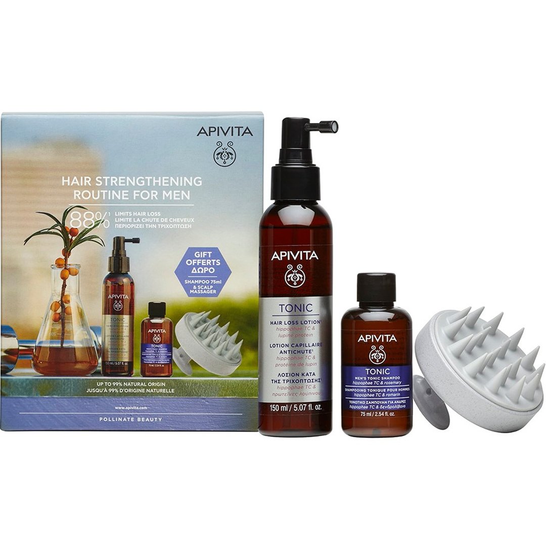 Apivita Hair Strengthening Routine for Men Πακέτο Προσφοράς Tonic Hair Loss Lotion 150ml & Δώρο Men’s Tonic Shampoo 75ml & Scalp Massager