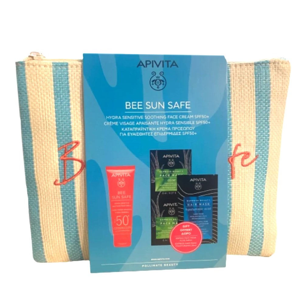 Apivita Promo Bee Sun Safe Hydra Sensitive Soothing Face Cream Spf50+, 50ml, Express Beauty  Face Mask with Aloe 2x8ml, Express Beauty Moisturizing Hair Mask Hyaluronic Acid 20ml & Δώρο Νεσεσέρ