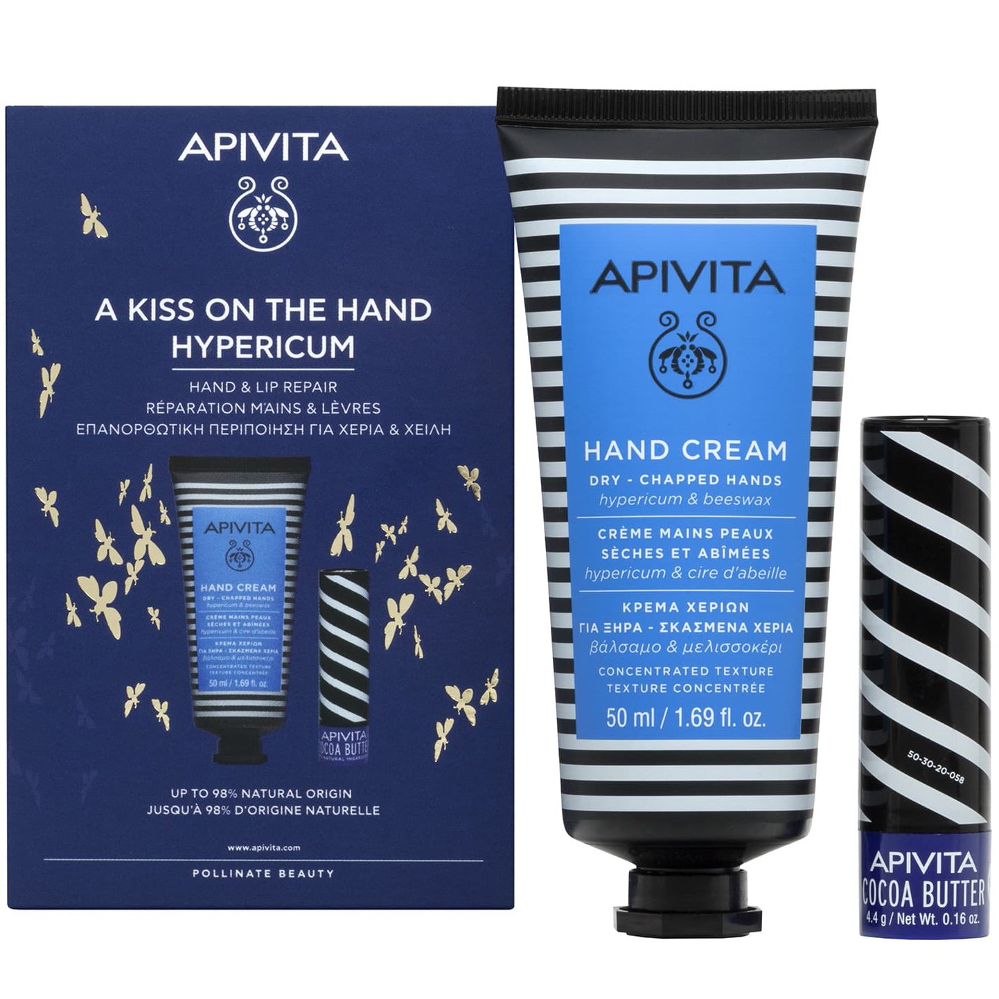 Apivita Πακέτο Προσφοράς A Kiss On The Hand Cream Moisturizing Hypericum – Beeswax 50ml & Lip Care Cocoa Butter Spf20, 4.4g