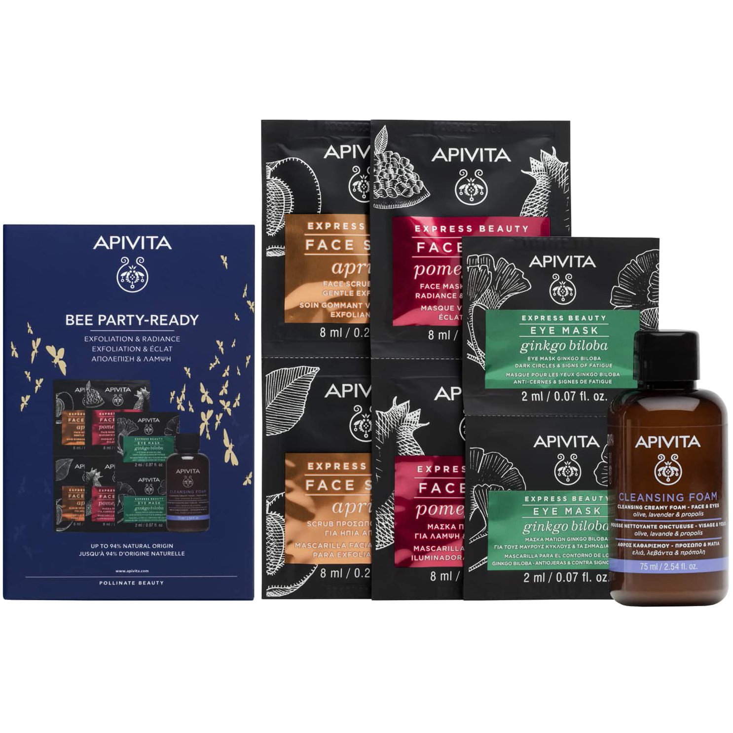 Apivita Πακέτο Προσφοράς Bee Party – Ready Face Scrub Apricot 2x8ml & Face Mask Pomegranate 2x8ml & Eye Mask Gingko Biloba 2x2ml & Cleansing Creamy Face – Eyes Foam 75ml