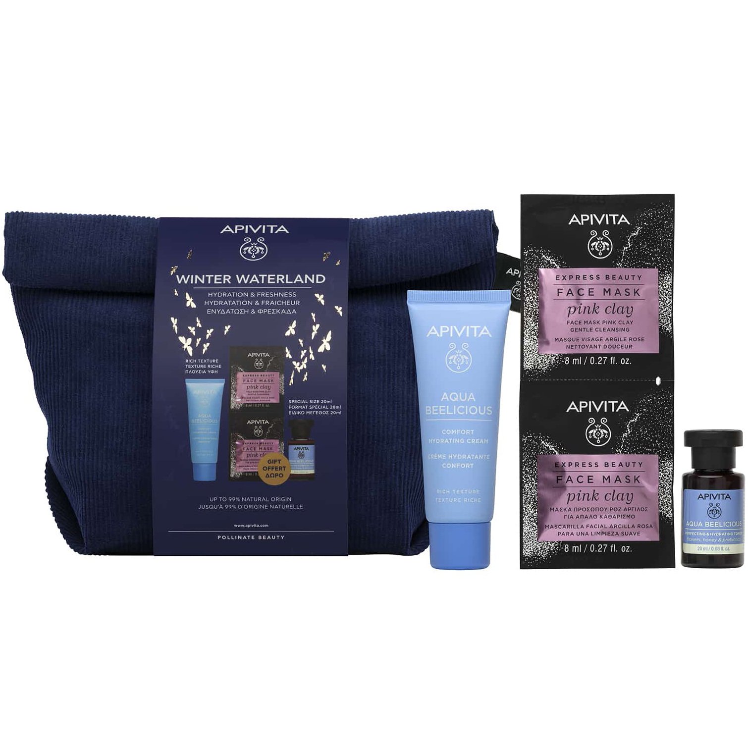 Apivita Πακέτο Προσφοράς Winter Waterland Aqua Beelicious Comfort Hydrating Cream Rich Texture 40ml & Gentle Cleansing Face Mask Pink Clay 2x8ml & Aqua Beelicious Hydrating Toner 20ml & Νεσεσέρ