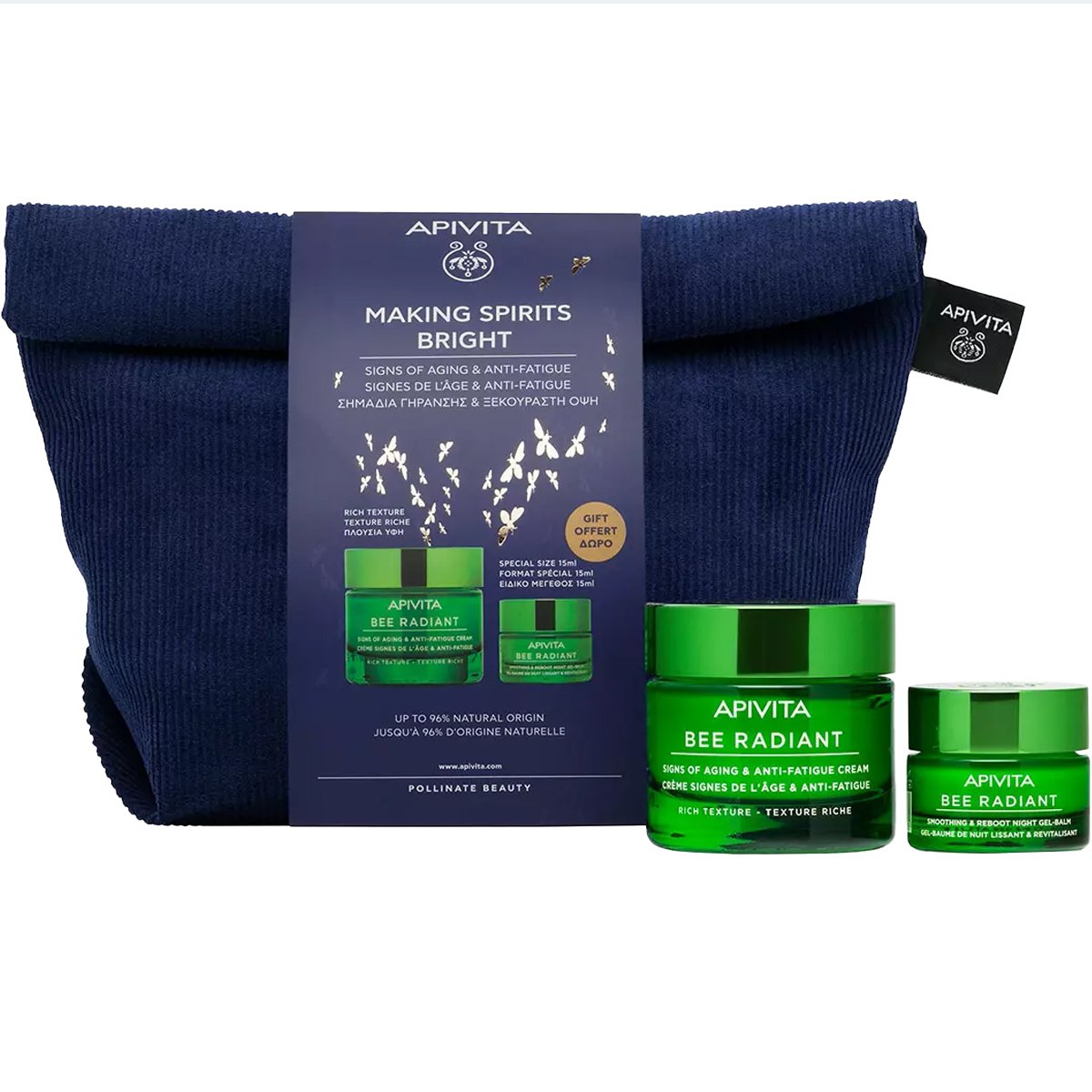 Apivita Πακέτο Προσφοράς Making Spirits Bright Bee Radiant Signs of Aging Anti – Fatigue Gel Day Cream Light Texture 50ml & Δώρο Smoothing – Reboot Night Gel Balm 15ml & Νεσεσέρ