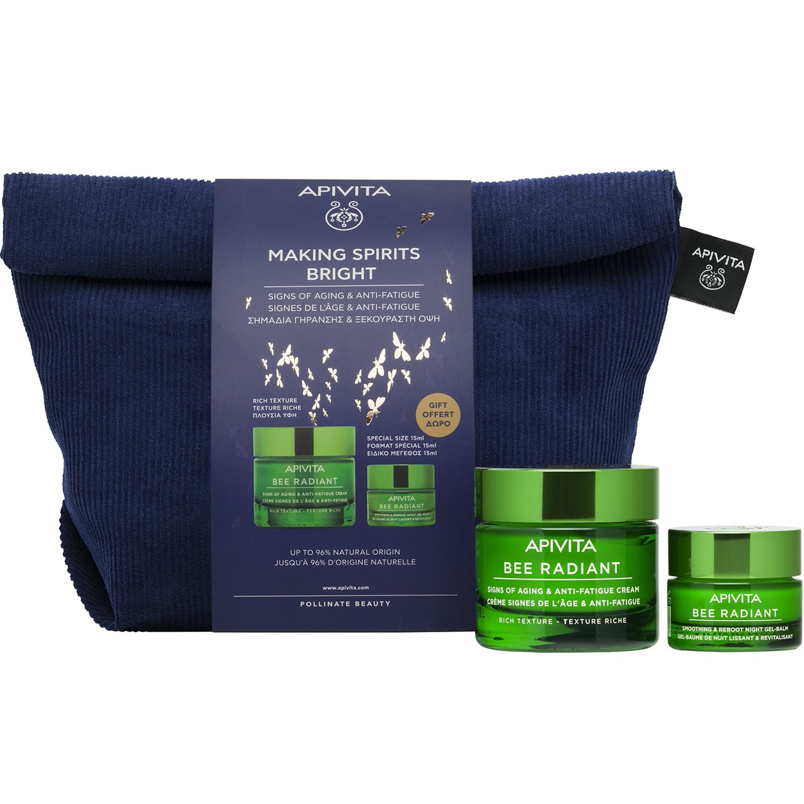 Apivita Πακέτο Προσφοράς Making Spirits Bright Bee Radiant Signs of Aging Anti – Fatigue Gel Day Cream Rich Texture 50ml & Δώρο Smoothing – Reboot Night Gel Balm 15ml & Νεσεσέρ