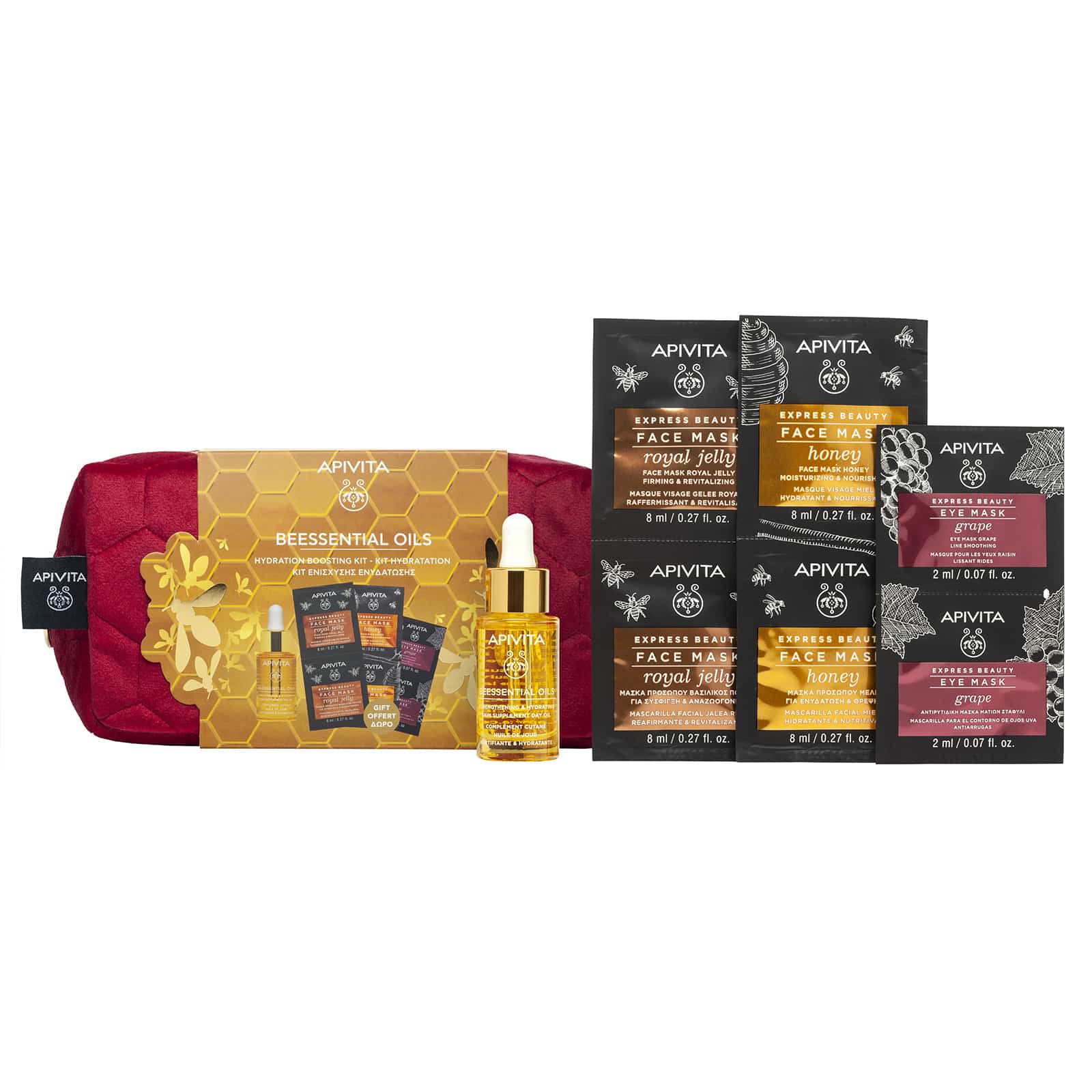 Apivita Apivita Promo Beesential Oils Strengthening & Hydrating Skin Supplement Day Oil 15ml & Δώρο Express Beauty Face Mask Royal Jelly 2x8ml, Honey 2x8ml & Eye Mask Grape 2x2ml