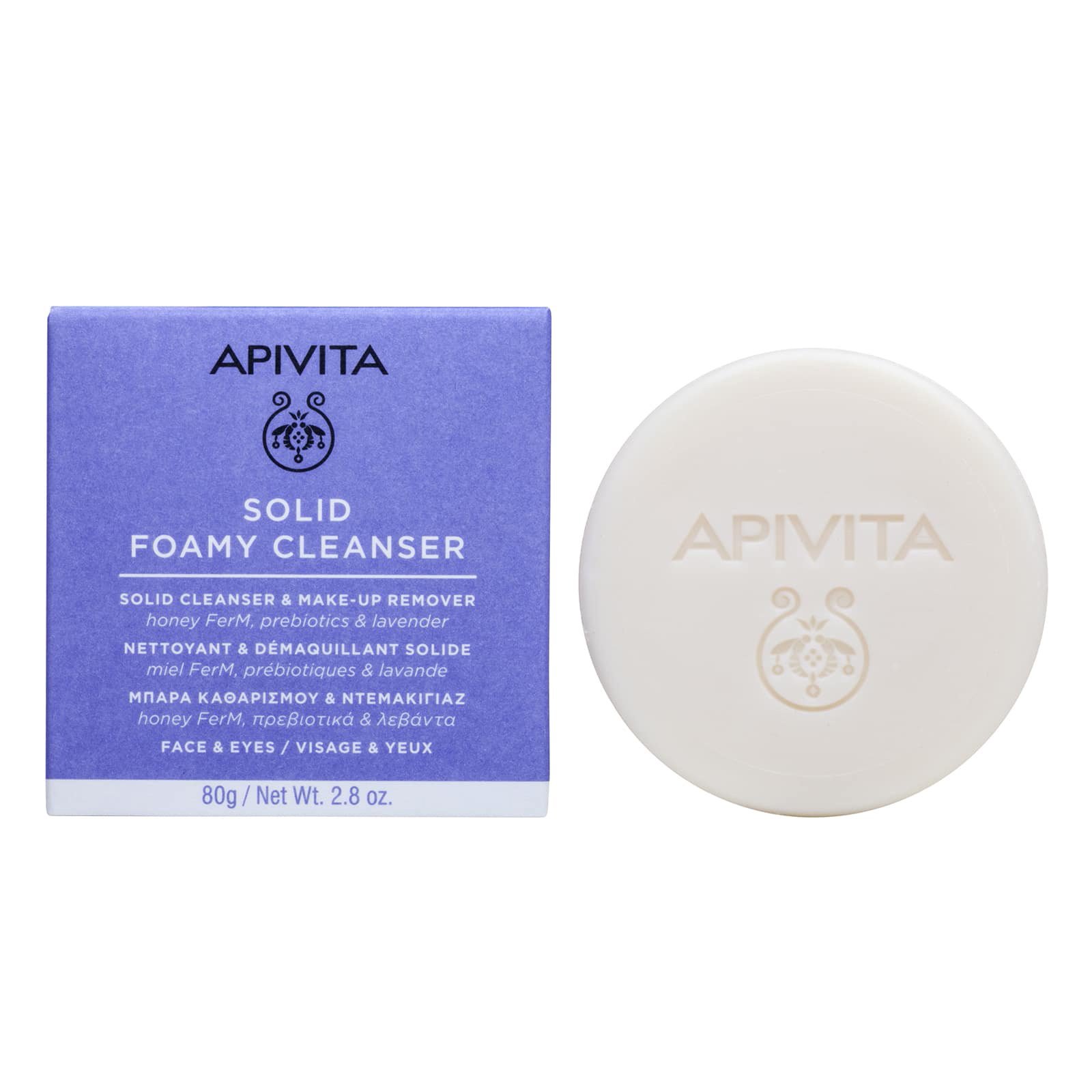 Apivita Apivita Solid Foam Cleanser & Make-Up Remover Μπάρα Καθαρισμού & Ντεμακιγιάζ για Πρόσωπο & Μάτια με Ζυμωμένο Μέλι, Πρεβιοτικά & Λεβάντα 80g