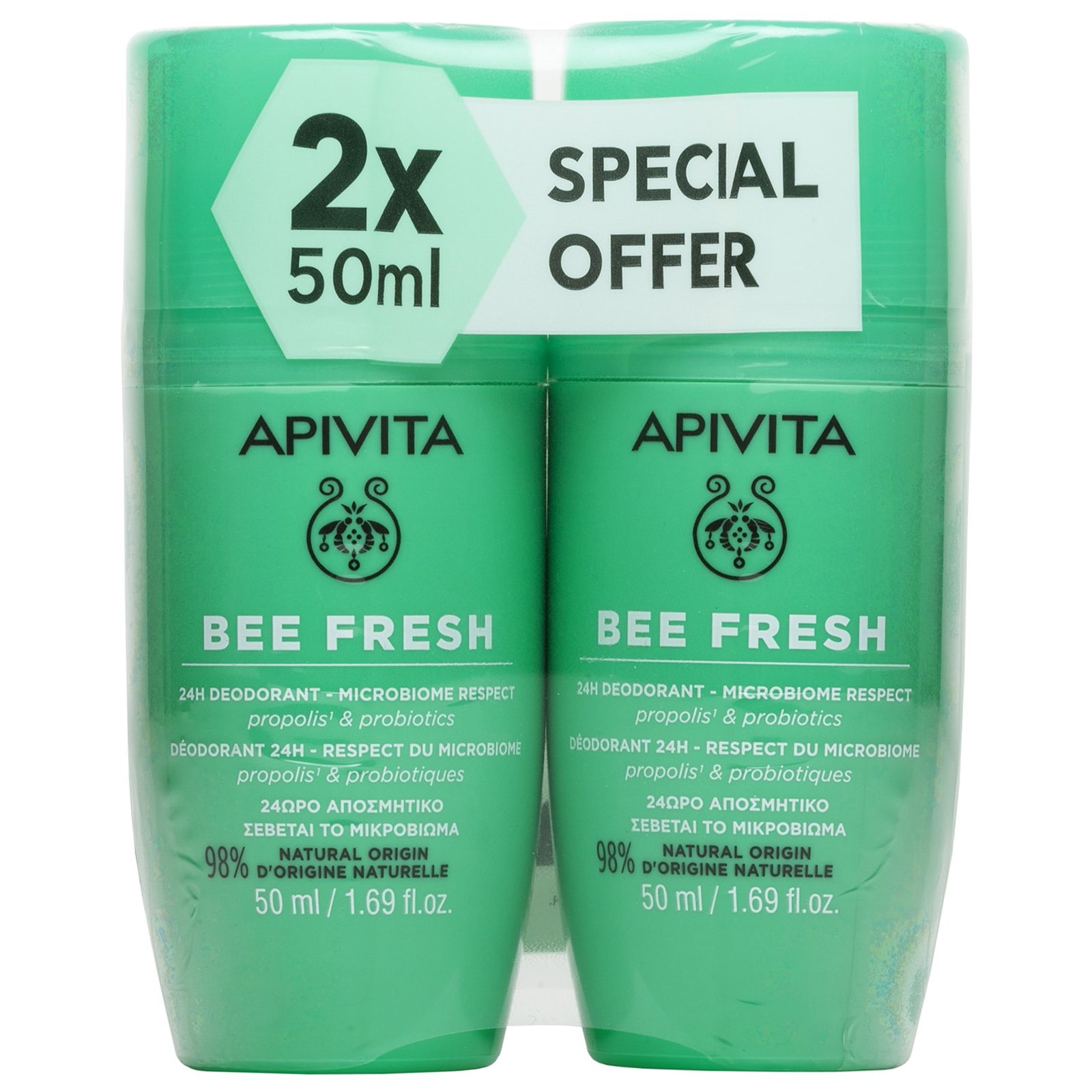 Apivita Promo Bee Fresh 24H Deodorant Αποσμητικό Roll-on 24ωρης Δράσης με Σεβασμό στο Μικροβίωμα του Δέρματος με Πρόπολη & Προβιοτικά 100ml (2x50ml)