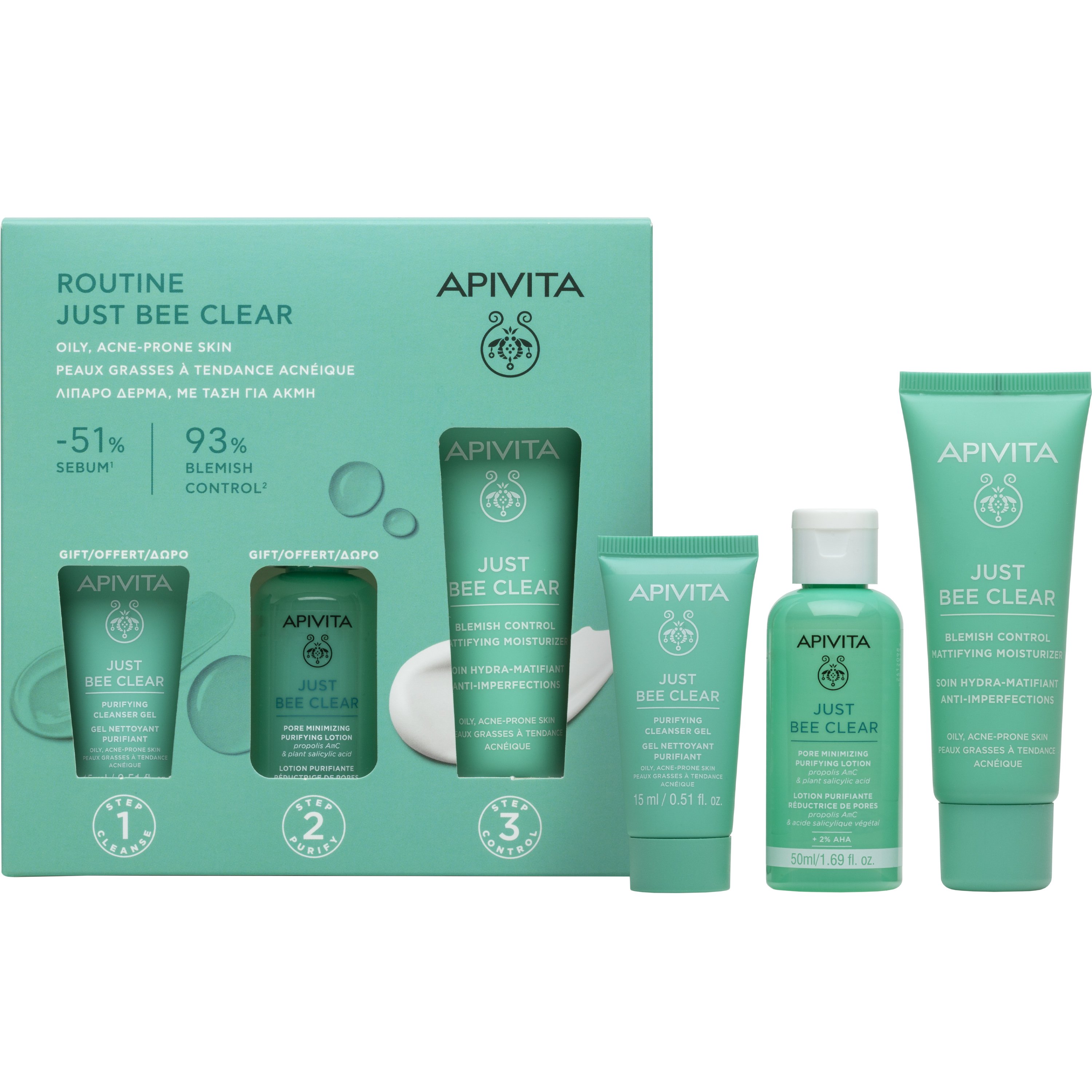 Apivita Promo Just Bee Clear Blemish Control Mattifying Moisturizer 40ml & Δώρο Purifying Cleanser Gel 15ml & Δώρο Pore Minimizing Purifying Lotion 50ml