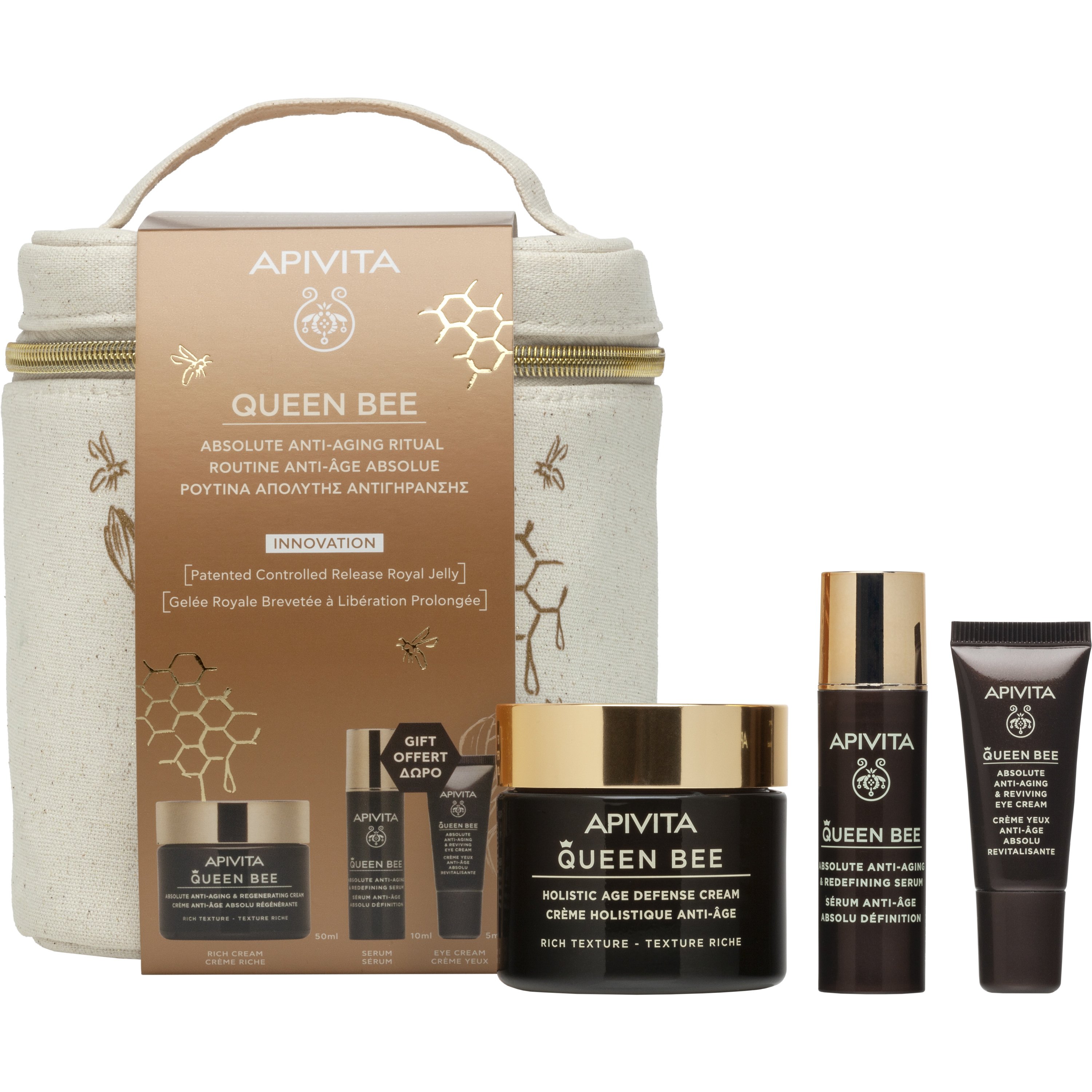 Apivita Queen Bee Promo Absolute Anti-Aging & Regenerating Cream Rich Texture 50ml & Redefining Serum 10ml & Δώρο Reviving Eye Cream 5ml & Νεσεσέρ 1 Τεμάχιο