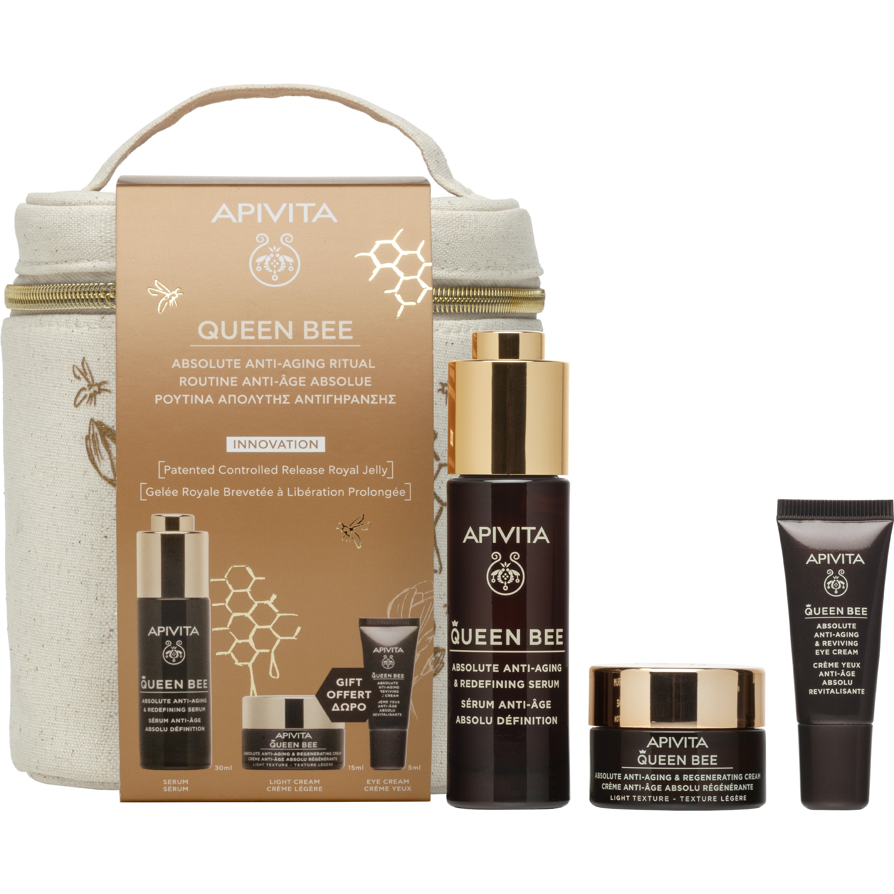 Apivita Apivita Queen Bee Promo Absolute Anti-Aging & Redefining Serum 30ml & Regenerating Light Texture Cream 15ml & Reviving Eye Cream 5ml & Δώρο Νεσεσέρ 1 Τεμάχιο