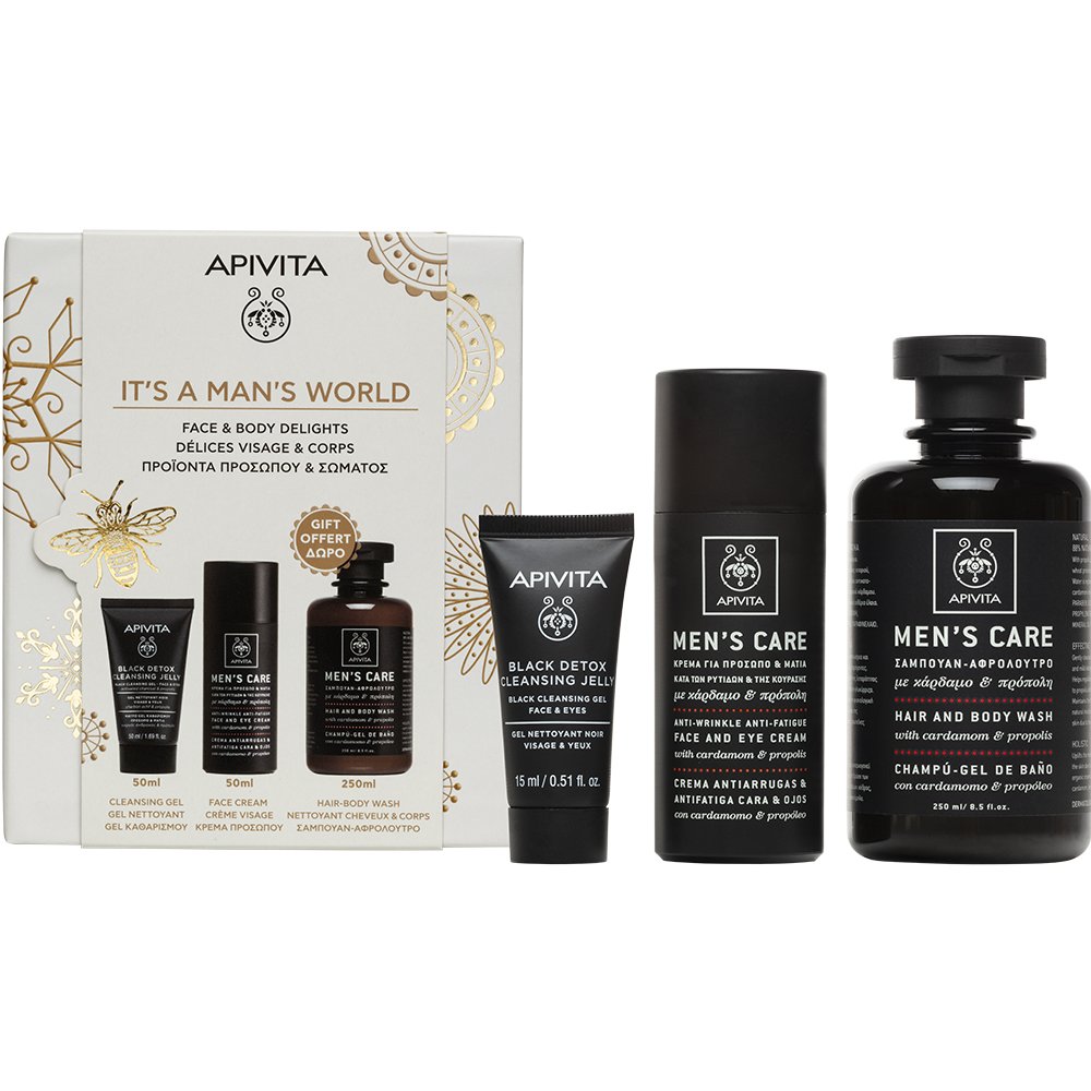 Apivita Promo Men's Care Anti-Wrinkle & Anti-Fatique Face & Eye Cream With Cardamom & Propolis 50ml & Black Detox Cleansing Jelly 50ml & Δώρο Men's Care Hair & Body Wash With Cardamom & Propolis 250ml