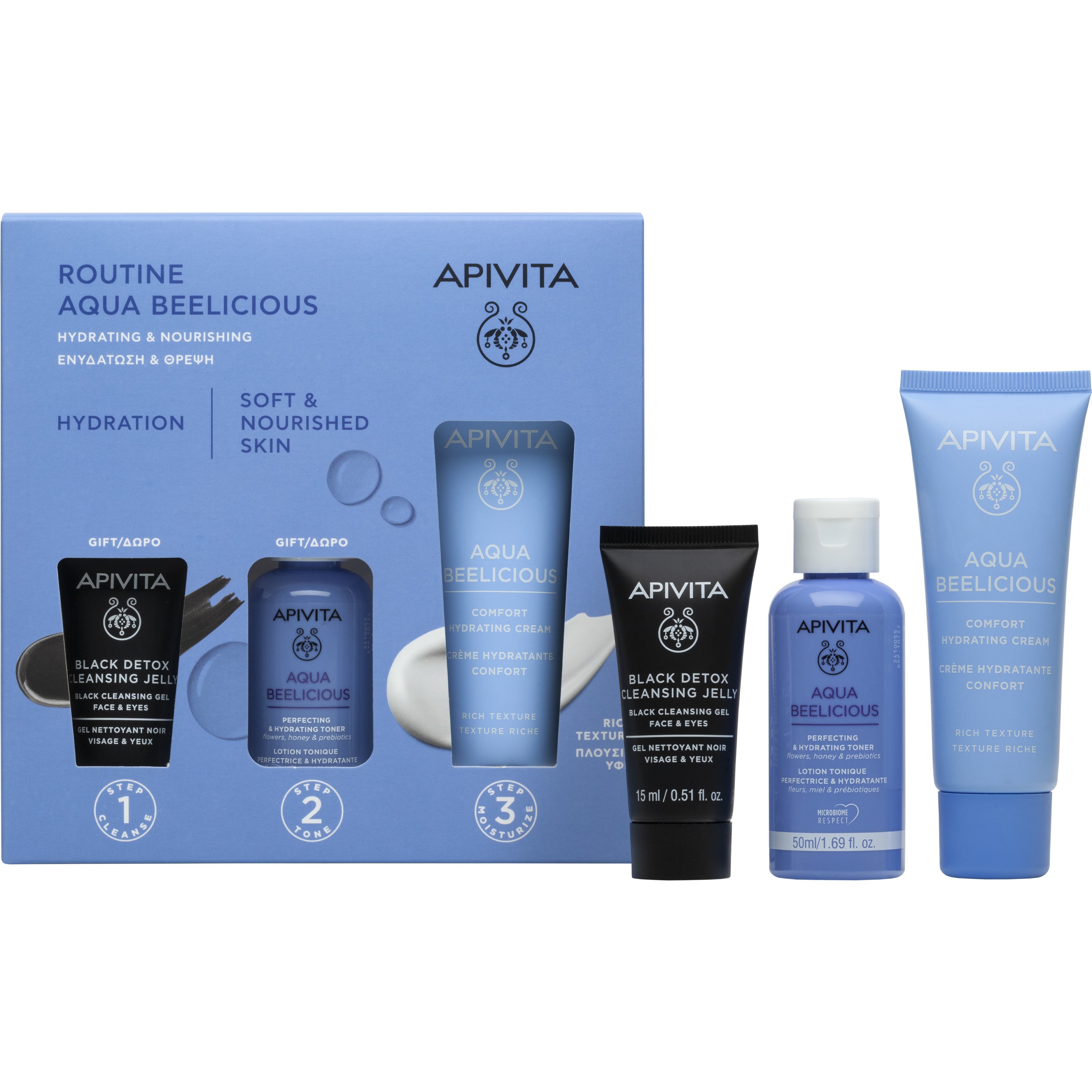 Apivita Promo Aqua Beelicious Comfort Hydrating Rich Texture Cream 40ml & Δώρο Perfecting & Hydrating Toner 50ml & Δώρο Black Detox Cleansing Jelly Face & Eyes Gel 15ml