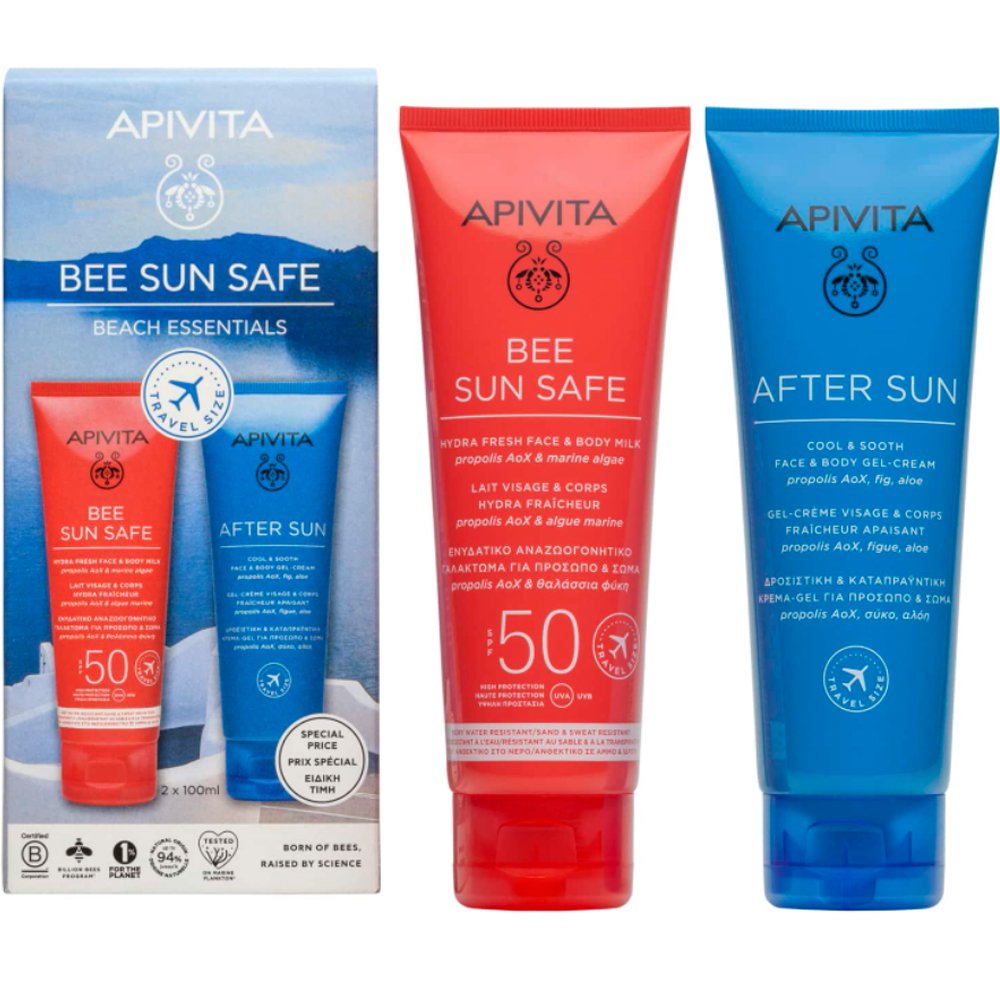 Apivita Promo Bee Sun Safe Hydra Fresh Face & Body Milk Spf50 & After Sun Cool & Sooth Face & Body Gel-Cream With Fig, Aloe & Propolis Travel Size 100ml