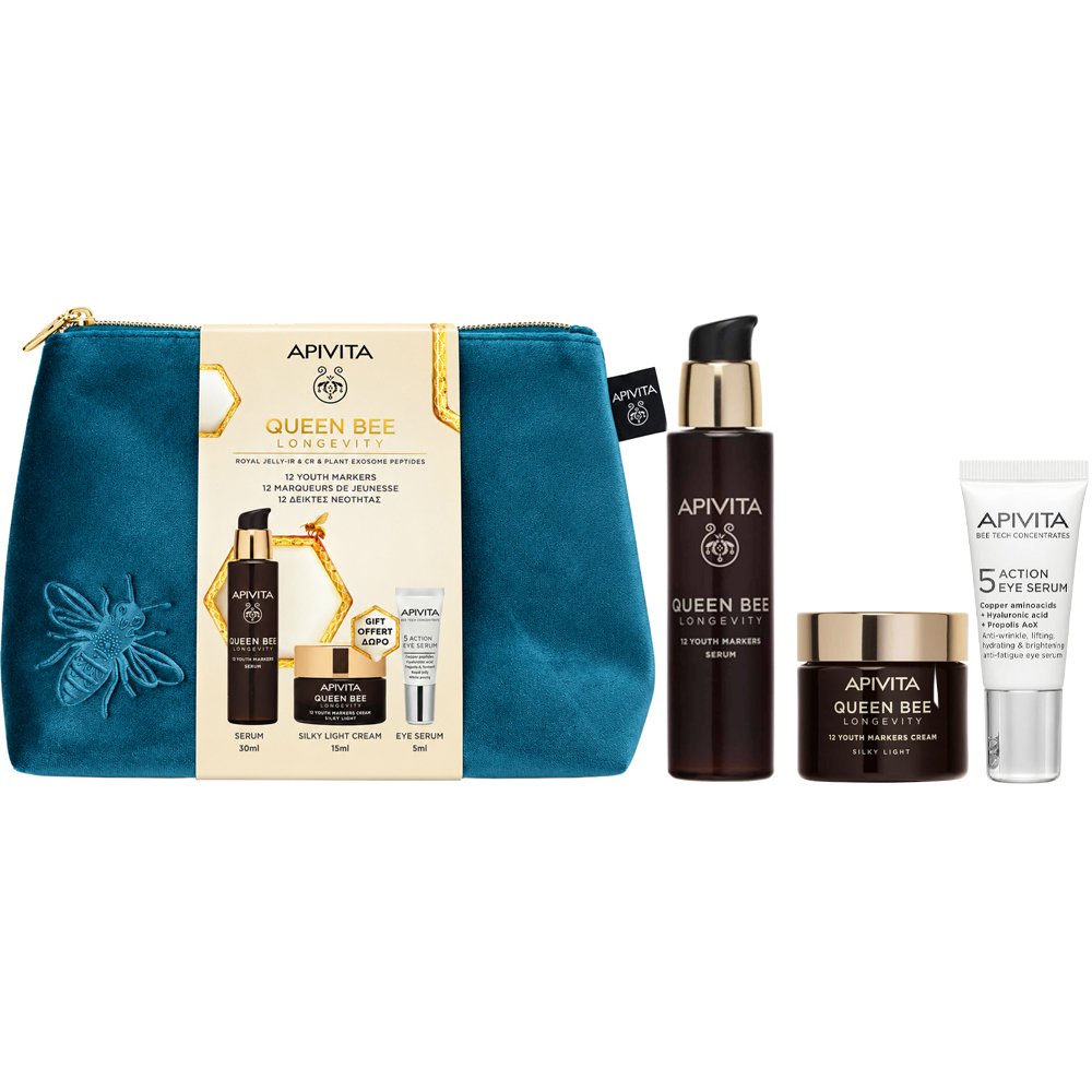 Apivita Promo Queen Bee Longevity 12 Youth Markers Serum 30ml & Δώρο Silky Light Cream 15ml & Δώρο 5-Action Eye Serum With White Lily 5ml & Νεσεσέρ 1 Τεμάχιο