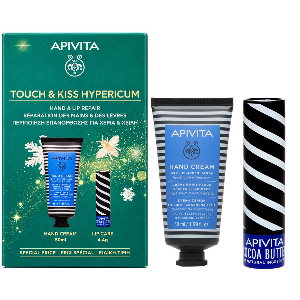 Apivita Promo Hand Cream for Dry - Chapped Hands Hypericum & Beeswax 50ml & Lip Care Spf20 Lip Balm 4.4g - Cocoa Butter