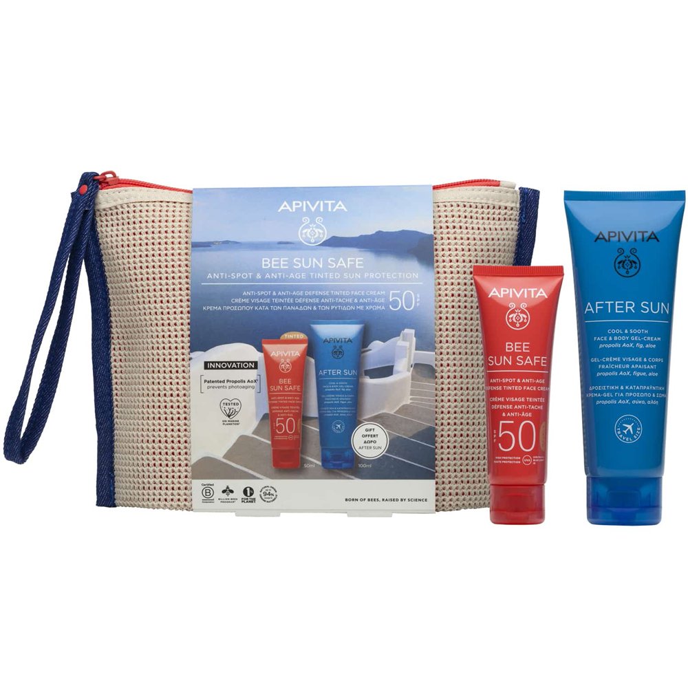 Apivita Promo Bee Sun Safe Anti-Spot & Anti-Age Defence Face Cream Spf50 Tinted 50ml & Δώρο After Sun Cool & Sooth Face & Body Gel-Cream Travel Size 100ml & Δώρο Νεσεσέρ 1 Τεμάχιο
