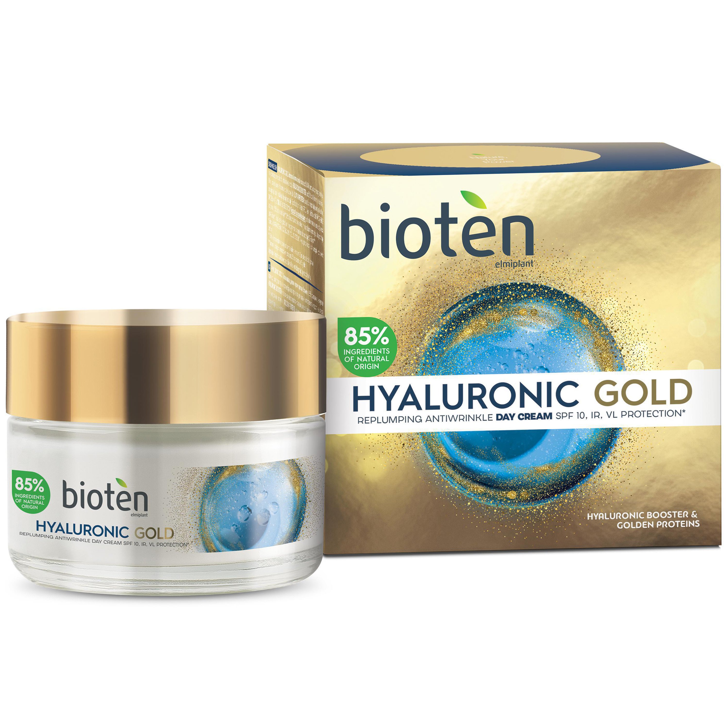 Bioten Hyaluronic Gold Replumping Antiwrinkle Day Cream Spf10 Αντιρυτιδική Κρέμα Ημέρας Προσώπου, Λαιμού με Υαλουρονικό Οξύ 50ml