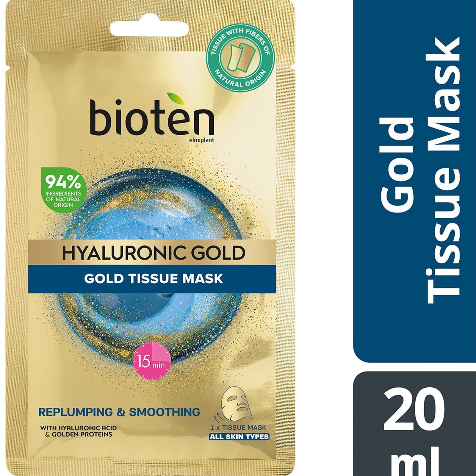 Bioten Bioten Hyaluronic Gold Tissue Mask Υφασμάτινη Ενυδατική Μάσκα Προσώπου με Υαλουρονικό Οξύ & Μόρια Χρυσού για Αναζωογόνηση & Λείο Αποτέλεσμα 1 Τεμάχιο 