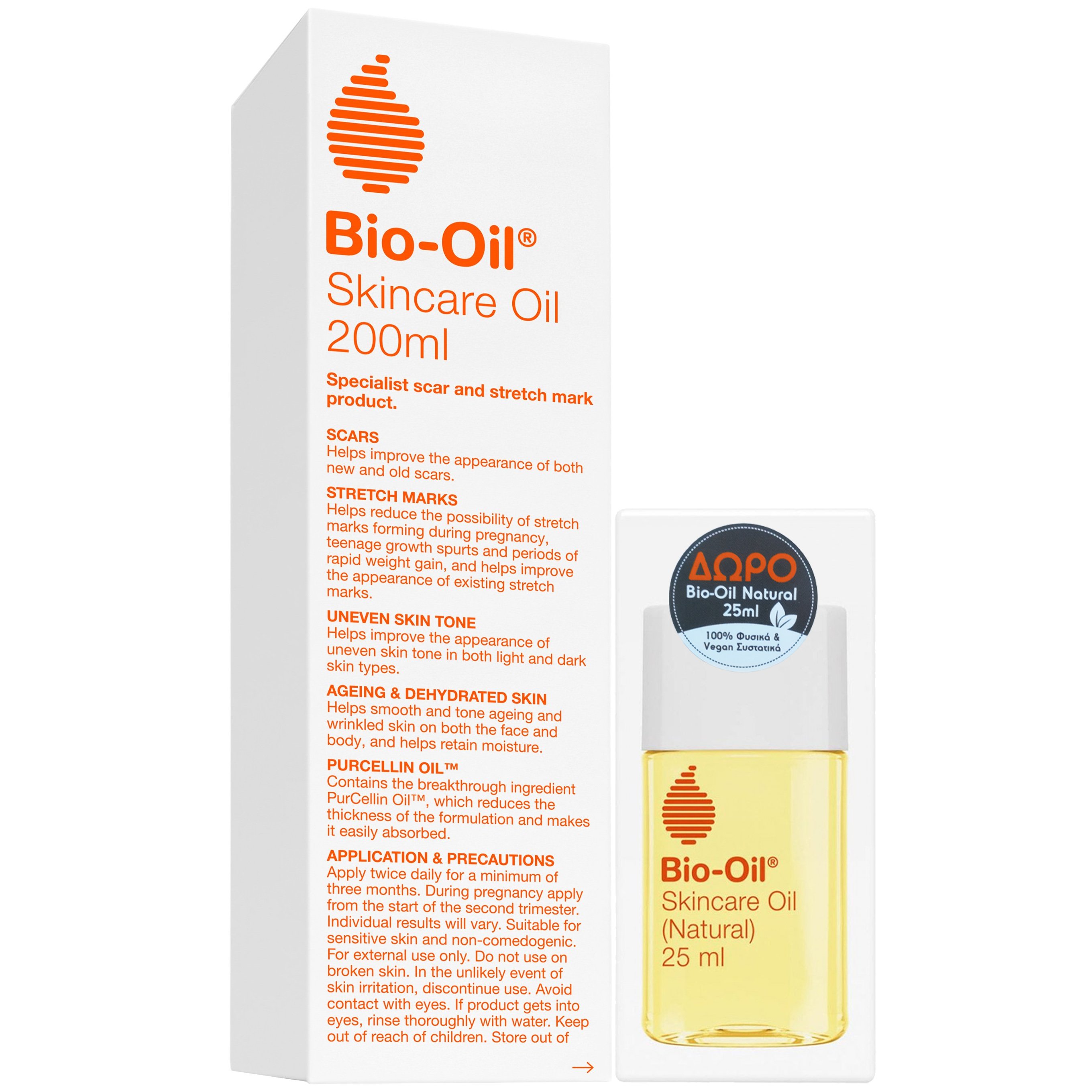 Bio-Oil Πακέτο Προσφοράς Skincare Oil Έλαιο Περιποίησης Δέρματος, Εξειδικευμένο Προϊόν για Ουλές & Ραγάδες 200ml & Δώρο Επιπλέον Ποσότητα Natural 25ml