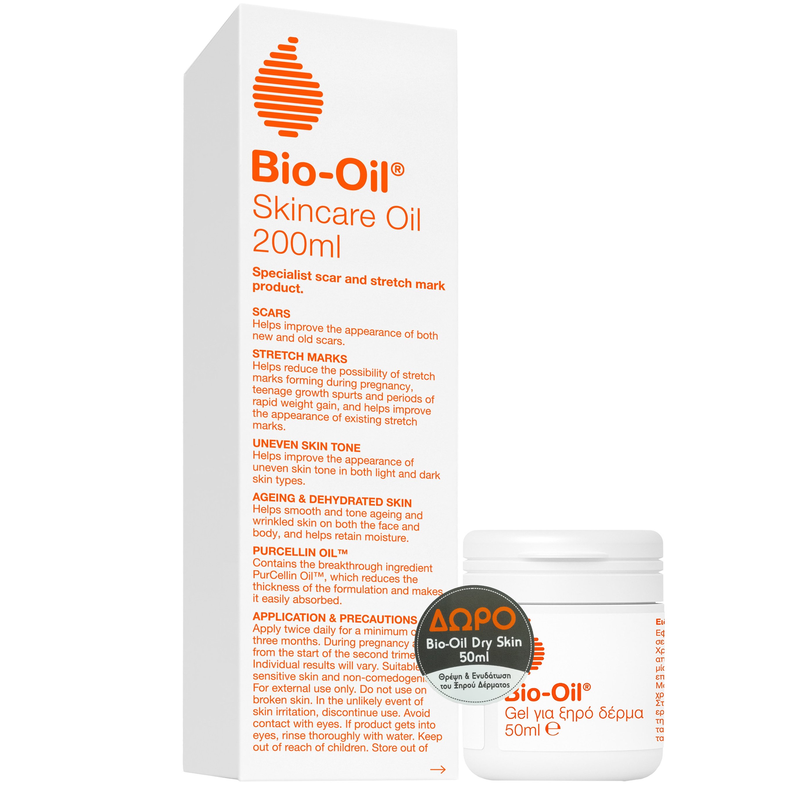 Bio-Oil Πακέτο Προσφοράς Skincare Oil Έλαιο Περιποίησης Δέρματος, Εξειδικευμένο Προϊόν για Ουλές & Ραγάδες 200ml & Δώρο Bio-Oil Dry Skin Gel για Ξηρό Δέρμα 50ml