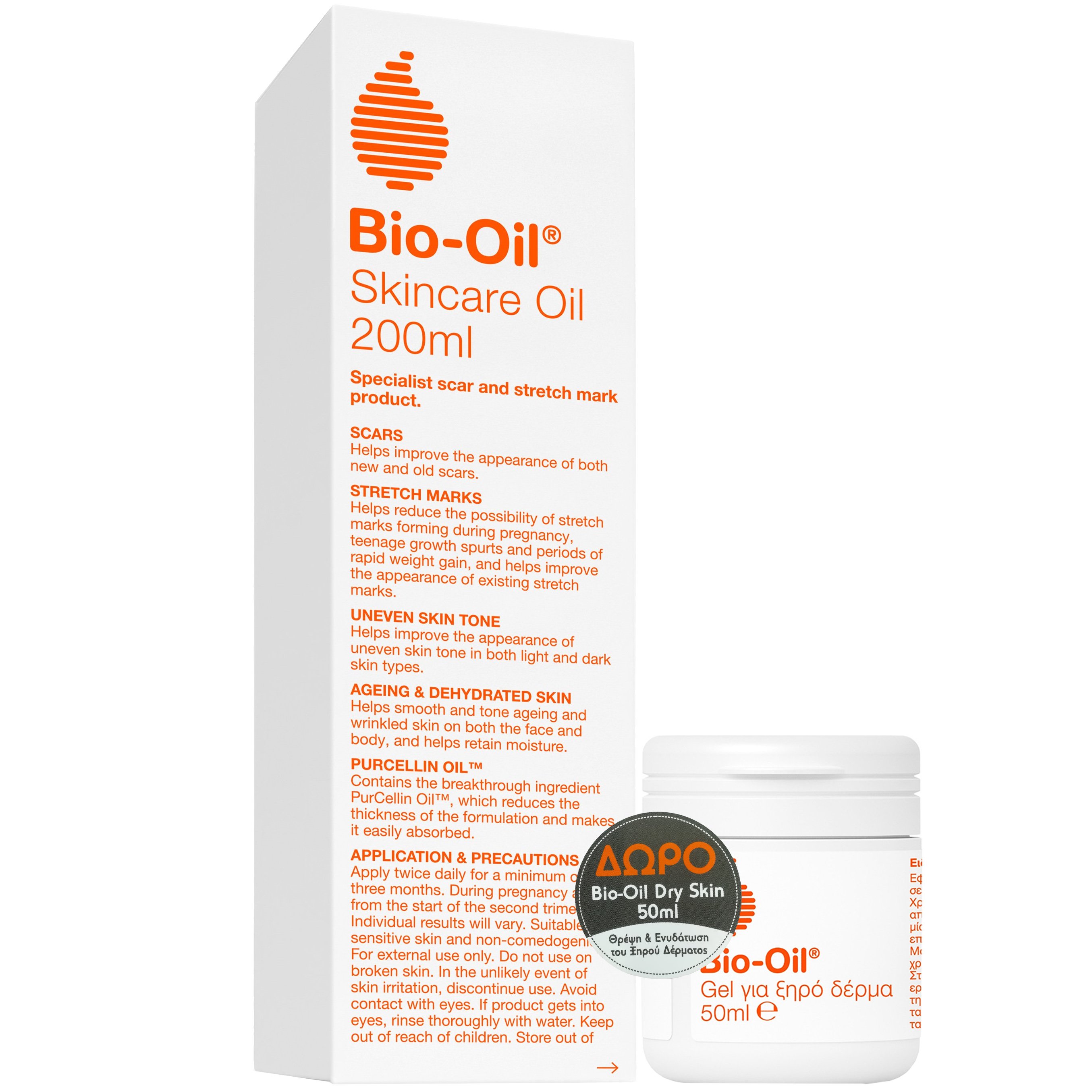 Bio-Oil Πακέτο Προσφοράς Skincare Oil Έλαιο Περιποίησης Δέρματος, Εξειδικευμένο Προϊόν για Ουλές & Ραγάδες 200ml & Δώρο Bio-Oil Dry Skin Gel για Ξηρό Δέρμα 50ml