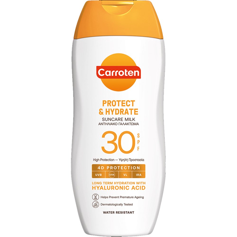 Carroten Protect & Hydrate Spf30 Suncare Milk Αντηλιακό Ενυδατικό Γαλάκτωμα Υψηλής Προστασίας με Υαλουρονικό Οξύ 200ml