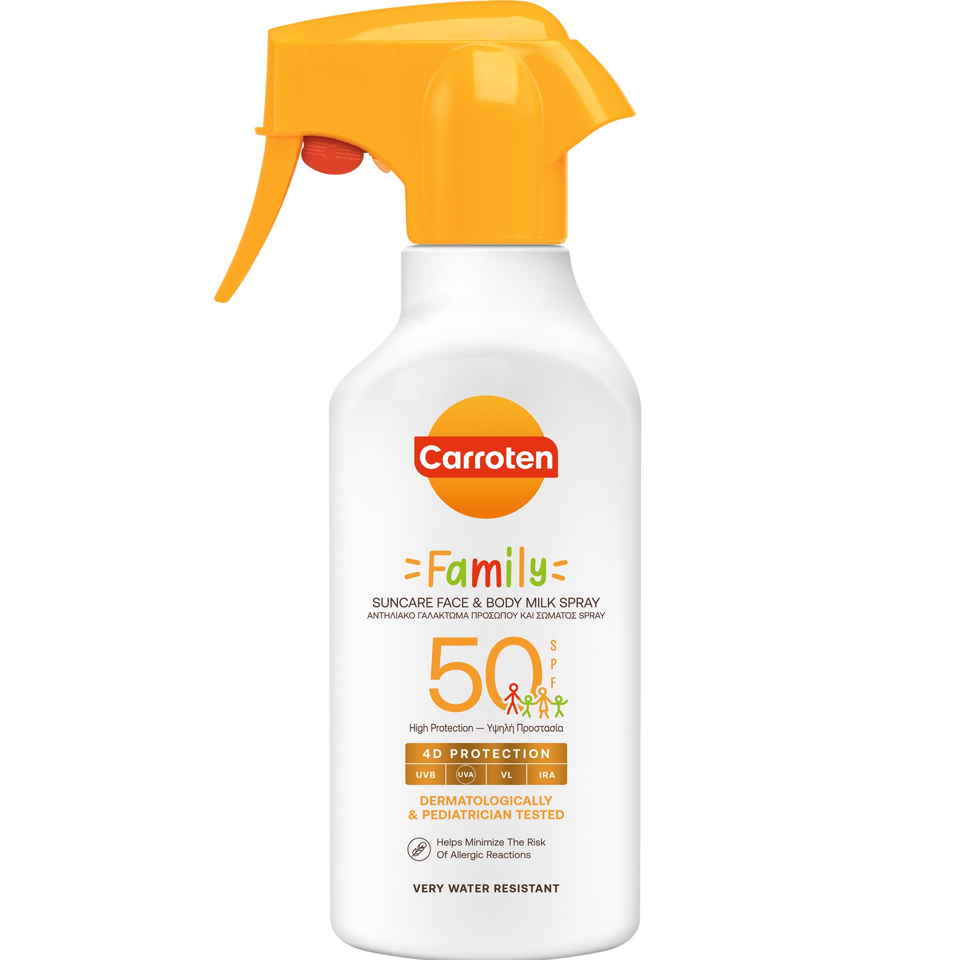 Carroten Carroten Family Suncare Face & Body Milk Spray Spf50 Αντηλιακό Γαλάκτωμα Προσώπου & Σώματος Υψηλής Προστασίας για Όλη την Οικογένεια 270ml