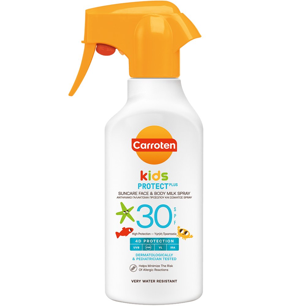 Carroten Kids Protect Plus Spf30 Suncare Face & Body Milk Spray 270ml,Παιδικό Αντηλιακό Γαλάκτωμα Προσώπου & Σώματος Υψηλής Προστασίας με Ειδική Σύνθεση που Μειώνει το Κίνδυνο Εμφάνισης Αλλεργικών Αντιδράσεων