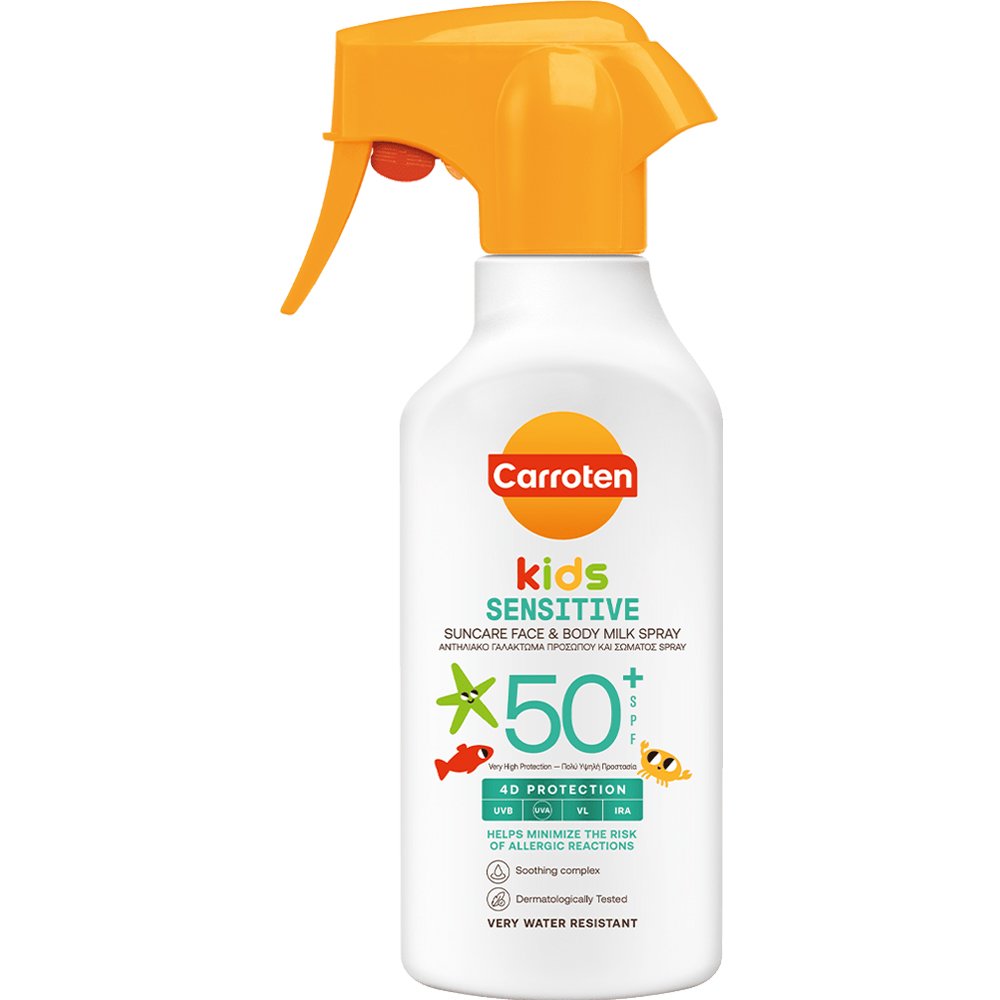 Carroten Kids Sensitive Spf50+ Suncare Face & Body Milk Spray Παιδικό Αντηλιακό Γαλάκτωμα Προσώπου & Σώματος Πολύ Υψηλής Προστασίας με Ειδική Σύνθεση που Μειώνει το Κίνδυνο Εμφάνισης Αλλεργικών Αντιδράσεων 270ml