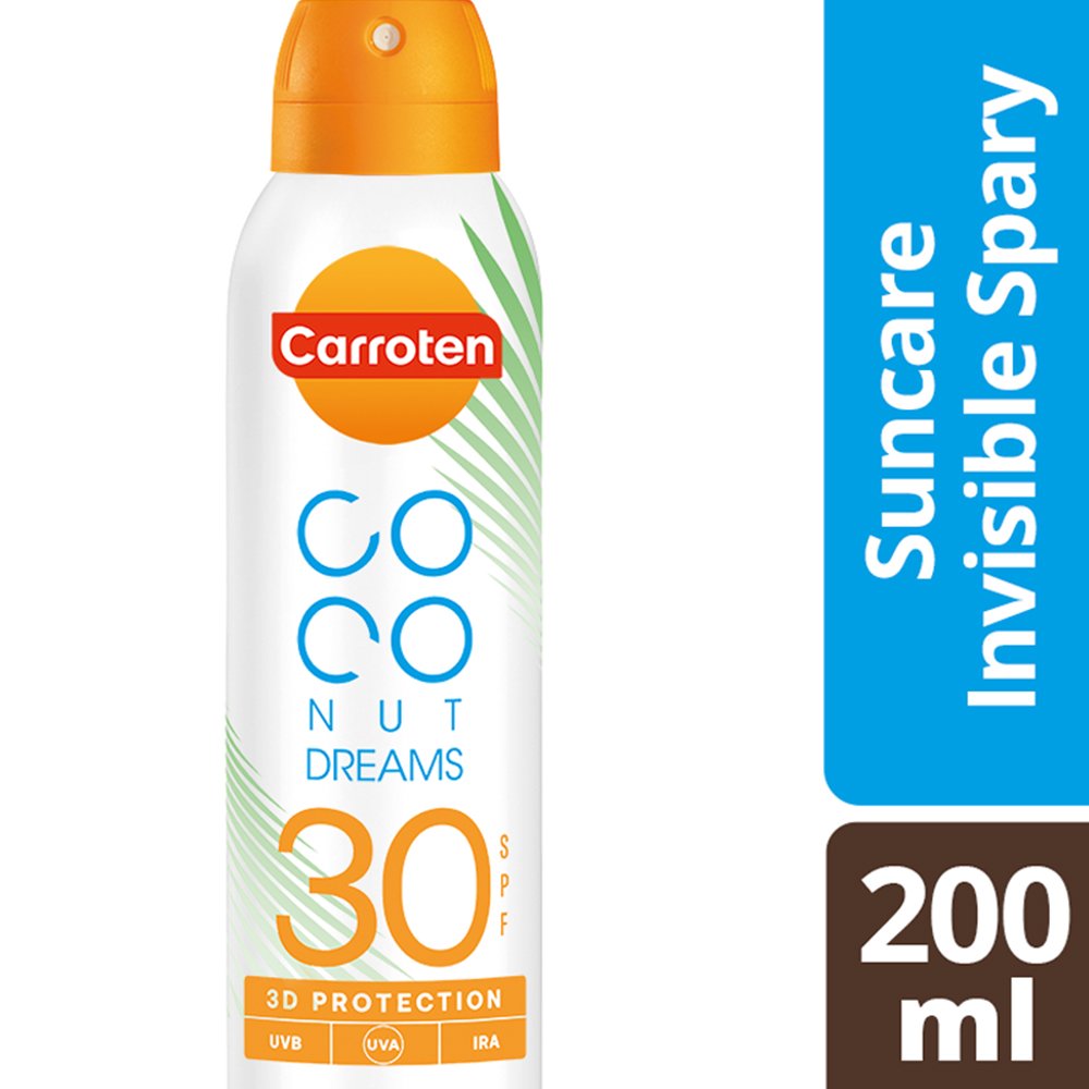 Carroten Carroten Coconut Dreams Suncare Invisible Spray Spf30 Αντηλιακό Διάφανο Spray Σώματος Υψηλής Προστασίας Πολύ Ανθεκτικό στο Νερό & την Άμμο με Αόρατο Τελείωμα με Άρωμα Καρύδα 200ml
