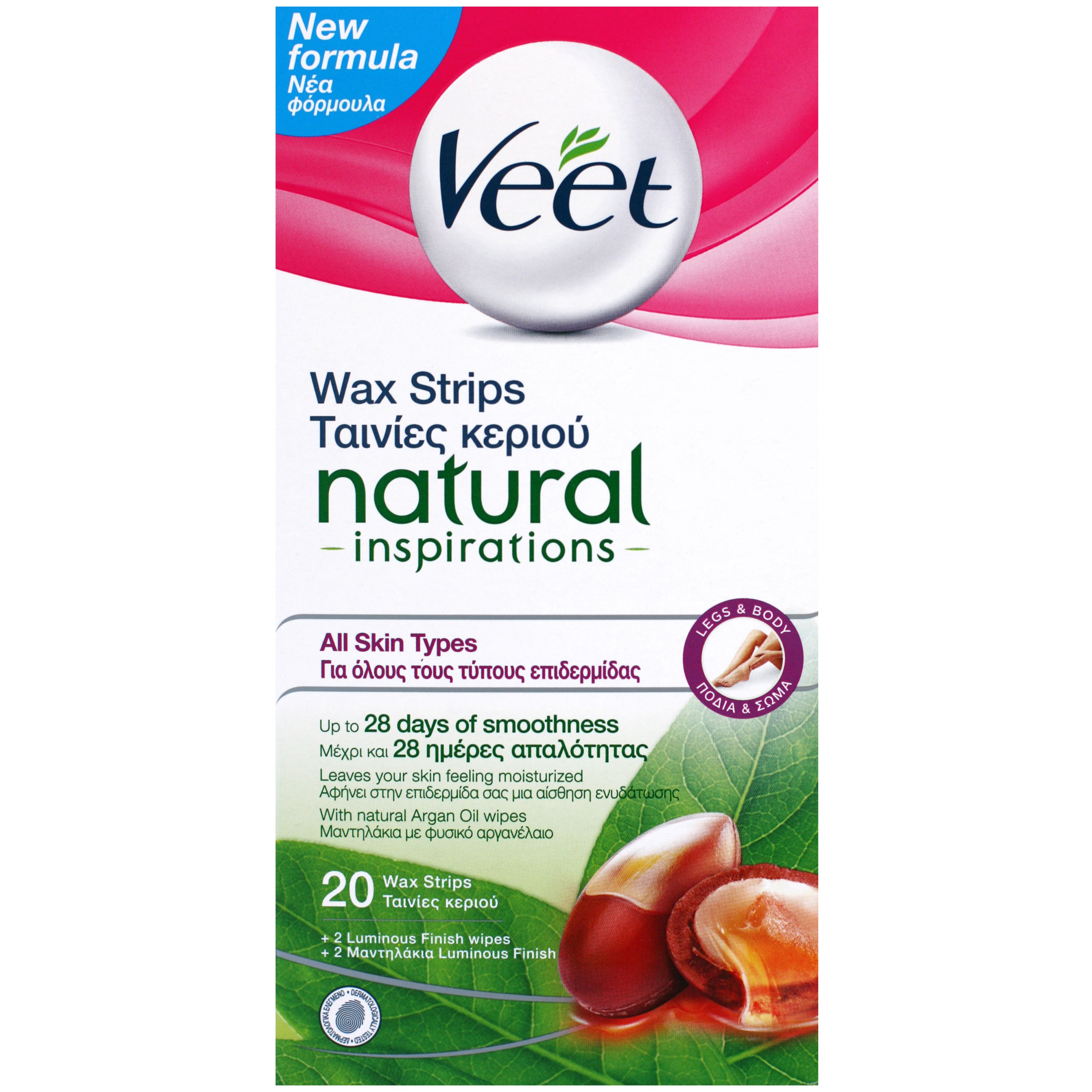 Veet Natural Inspirations Ταινίες Κρύου Κεριού 90% Φυσικής Προέλευσης, για Πόδια & Σώμα 20τμχ