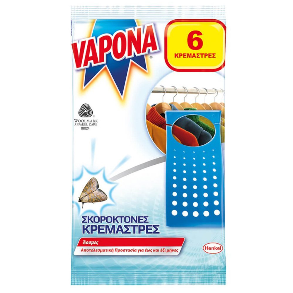 Vapona Vapona Pesticide Hanger 6 Σκοροκτόνες Κρεμάστρες Μεγάλης Διάρκειας Τεμάχια