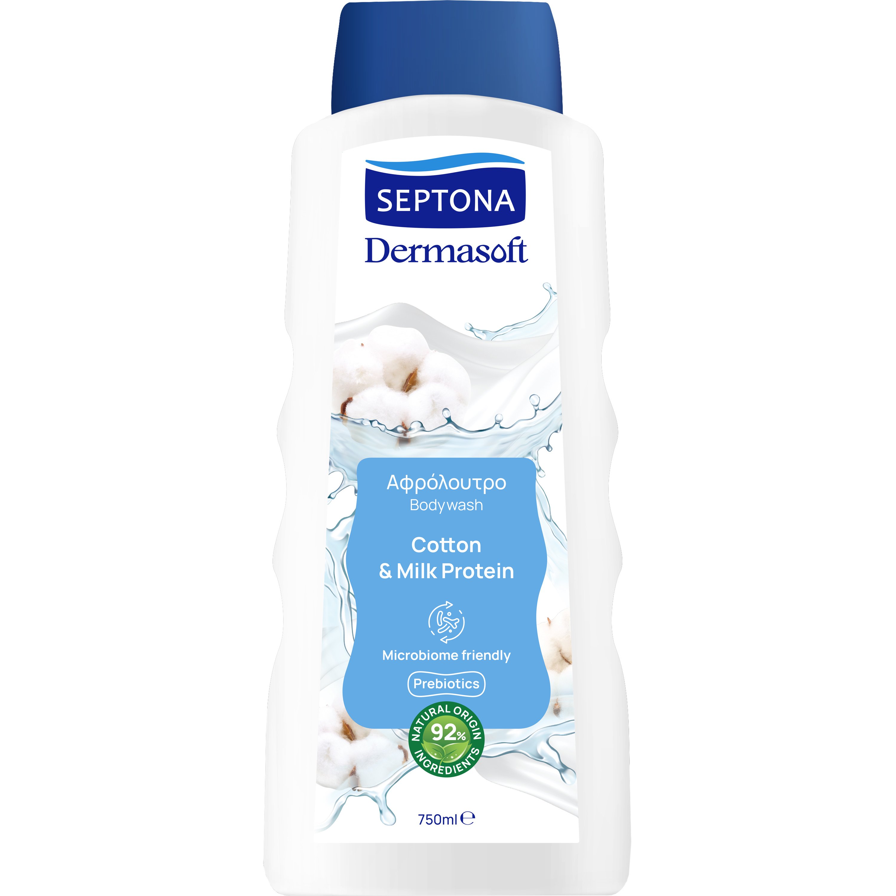 Septona Dermasoft Bodywash Cotton & Milk Protein Αφρόλουτρο Εμπλουτισμένη με Οργανικό Εκχύλισμα Βαμβακιού, Πρωτεΐνη Γάλακτος & Πρεβιοτικά 750ml