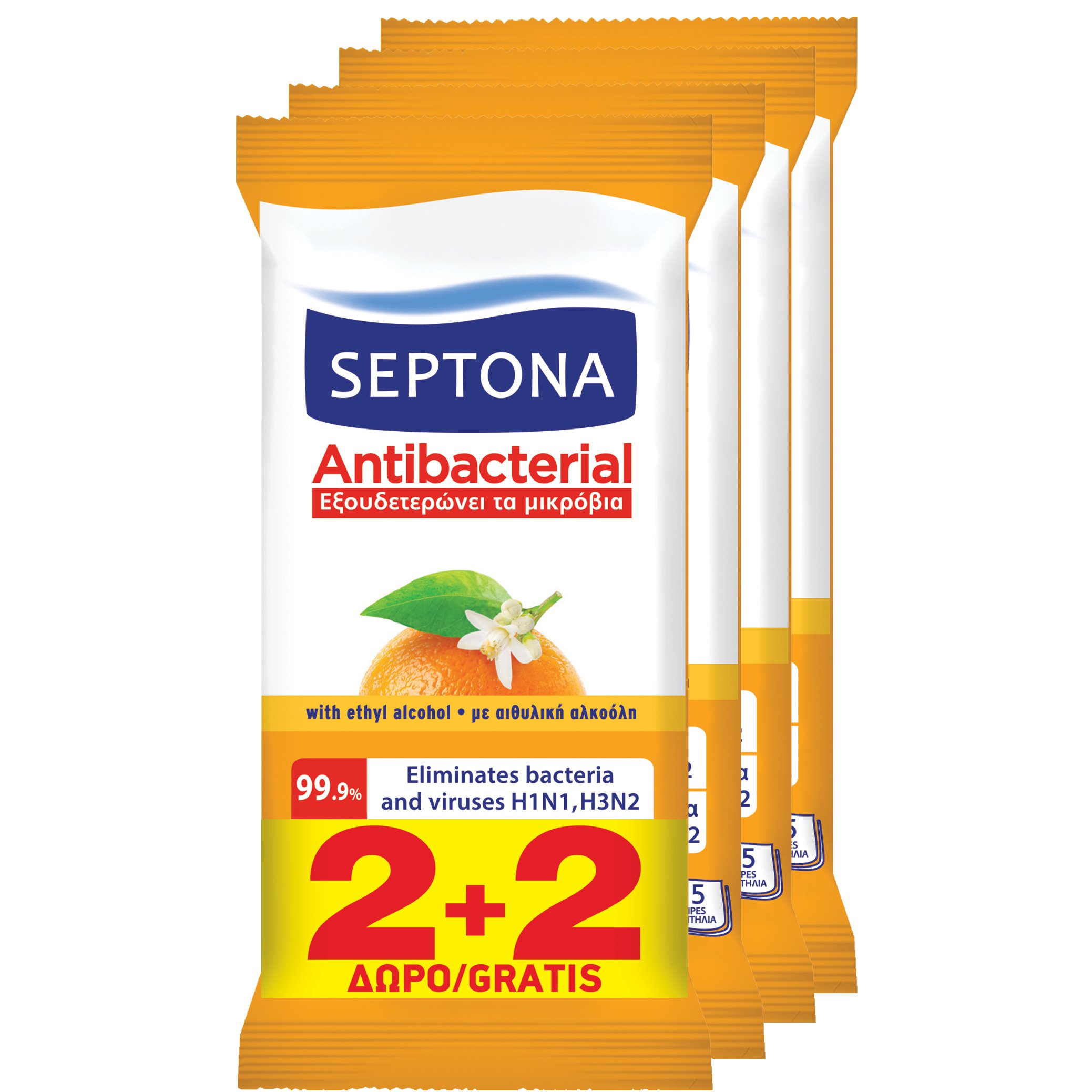 Septona Πακέτο Προσφοράς Antibacterial Wipes Orange Αντιβακτηριδιακά Μαντηλάκια Χεριών με Άρωμα Ανθός Πορτοκαλιού 4×15 Wipes