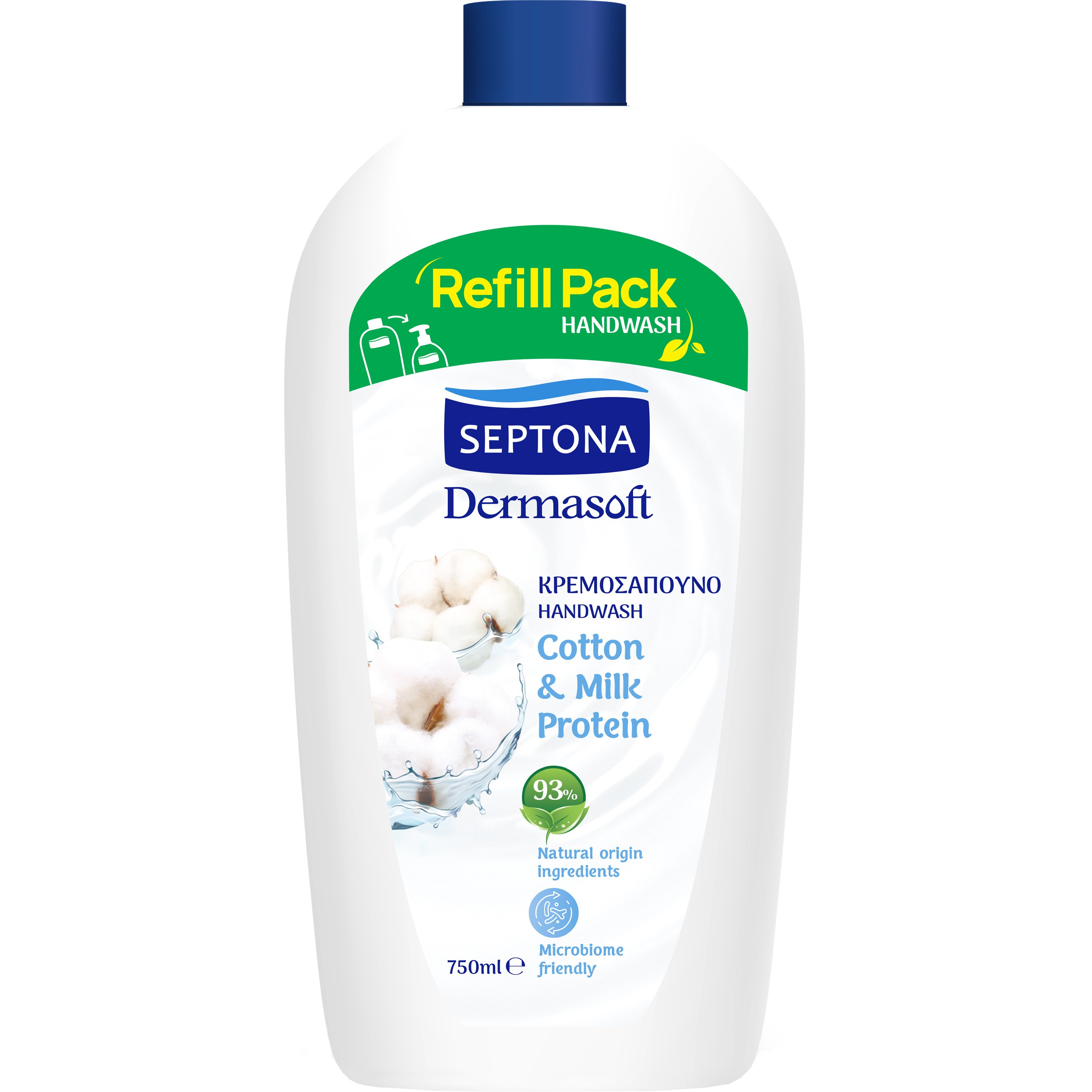 Septona Septona Dermasoft Handwash with Cotton & Milk Protein Ανταλλακτικό Κρεμοσάπουνο με Οργανικό Εκχύλισμα Βαμβακιού & Πρωτεΐνη Γάλακτος 750ml Refill