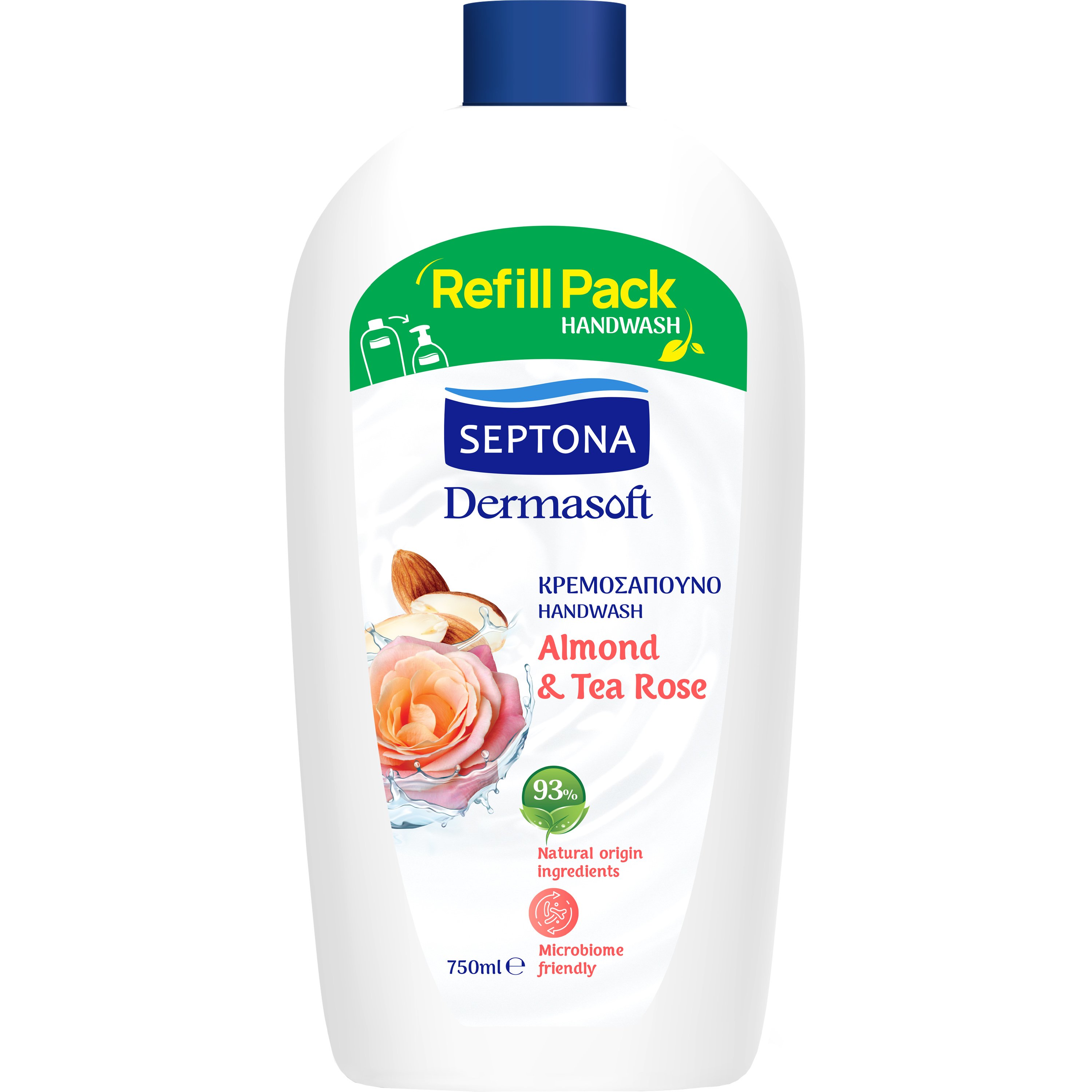 Septona Septona Dermasoft Handwash with Almond & Tea Rose Κρεμοσάπουνο με Οργανικό Νότες Αρώματος Αμύγδαλου & Tea Rose 750ml Refill