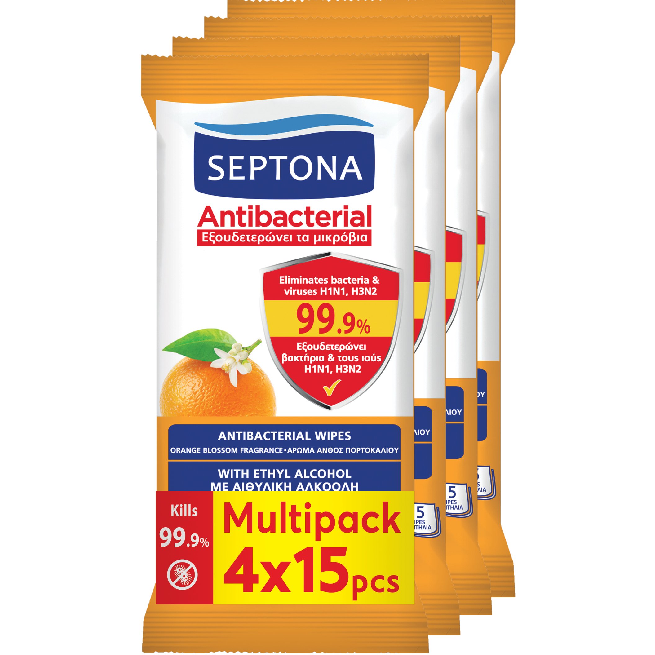 Septona Septona Promo Antibacterial Wipes Orange Blossom Αντιβακτηριδιακά Μαντηλάκια Χεριών με Άρωμα Άνθος Πορτοκαλιού 60 Τεμάχια (4x15 Τεμάχια)