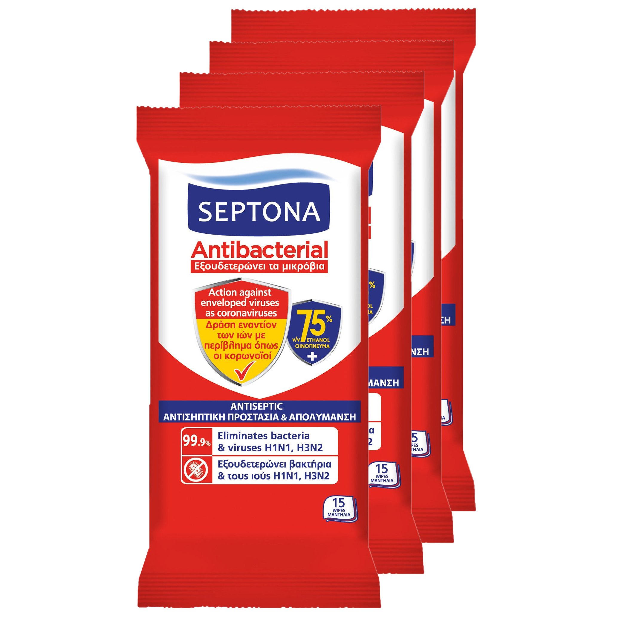 Septona Πακέτο Προσφοράς Antibacterial Refresh Antiseptic Αντιβακτηριδιακά Μαντηλάκια με 75% Οινόπνευμα 4×15 wipes 2+2 Δώρο