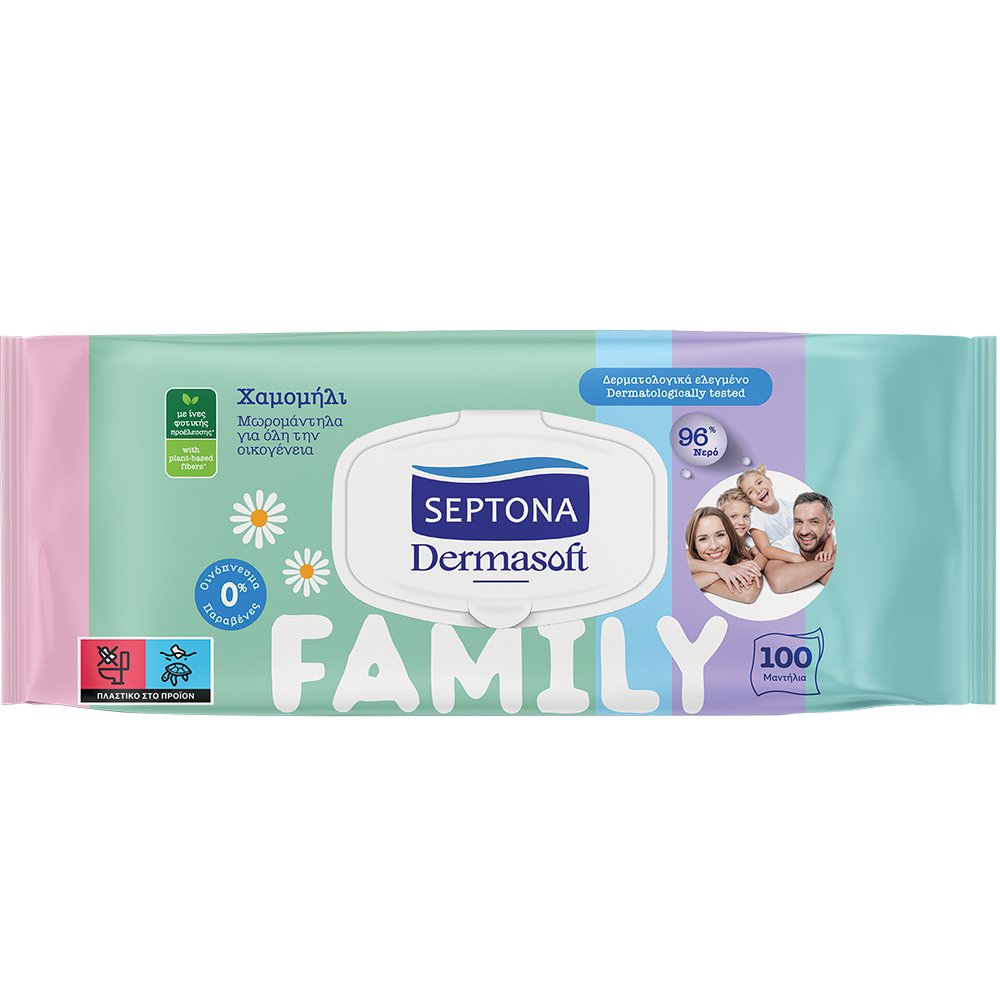 Septona Septona Family Wet Wipes with Chamomile Απαλά Μωρομάντηλα για Όλη την Οικογένεια με Χαμομήλι με Καπάκι 100 Τεμάχια