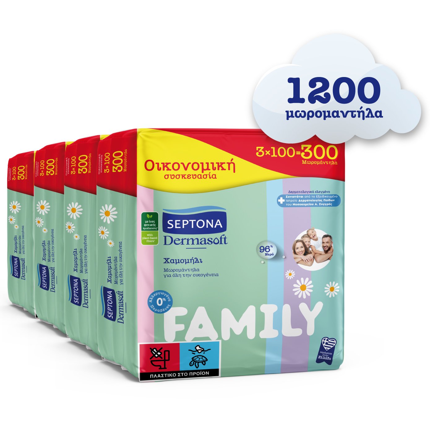 Septona Πακέτο Προσφοράς Dermasoft Baby Wipes Chamomille Family Απαλά Μωρομάντηλα με Χαμομήλι 1200 Τεμάχια