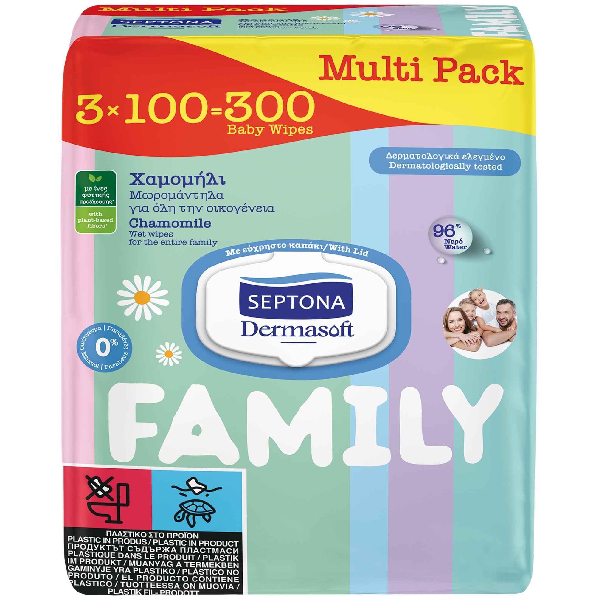 Septona Septona Family Wet Wipes with Chamomile Απαλά Μωρομάντηλα για Όλη την Οικογένεια με Χαμομήλι 300 Τεμάχια (3x100 τεμάχια)