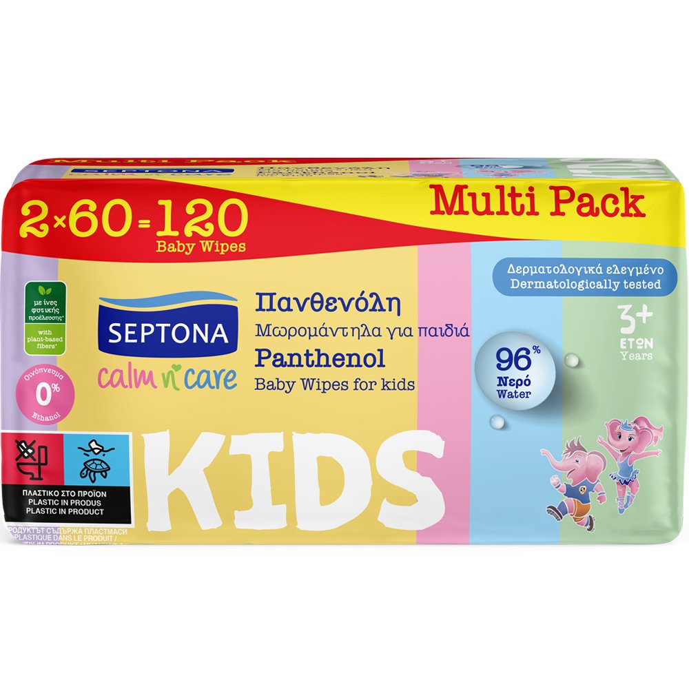Septona Septona Calm n' Care Kids Multi Pack 3 Years+ Wipes Απαλά Μωρομάντηλα με Πανθενόλη για Παιδιά από 3 Ετών 120 Τεμάχια (2x60 Τεμάχια)