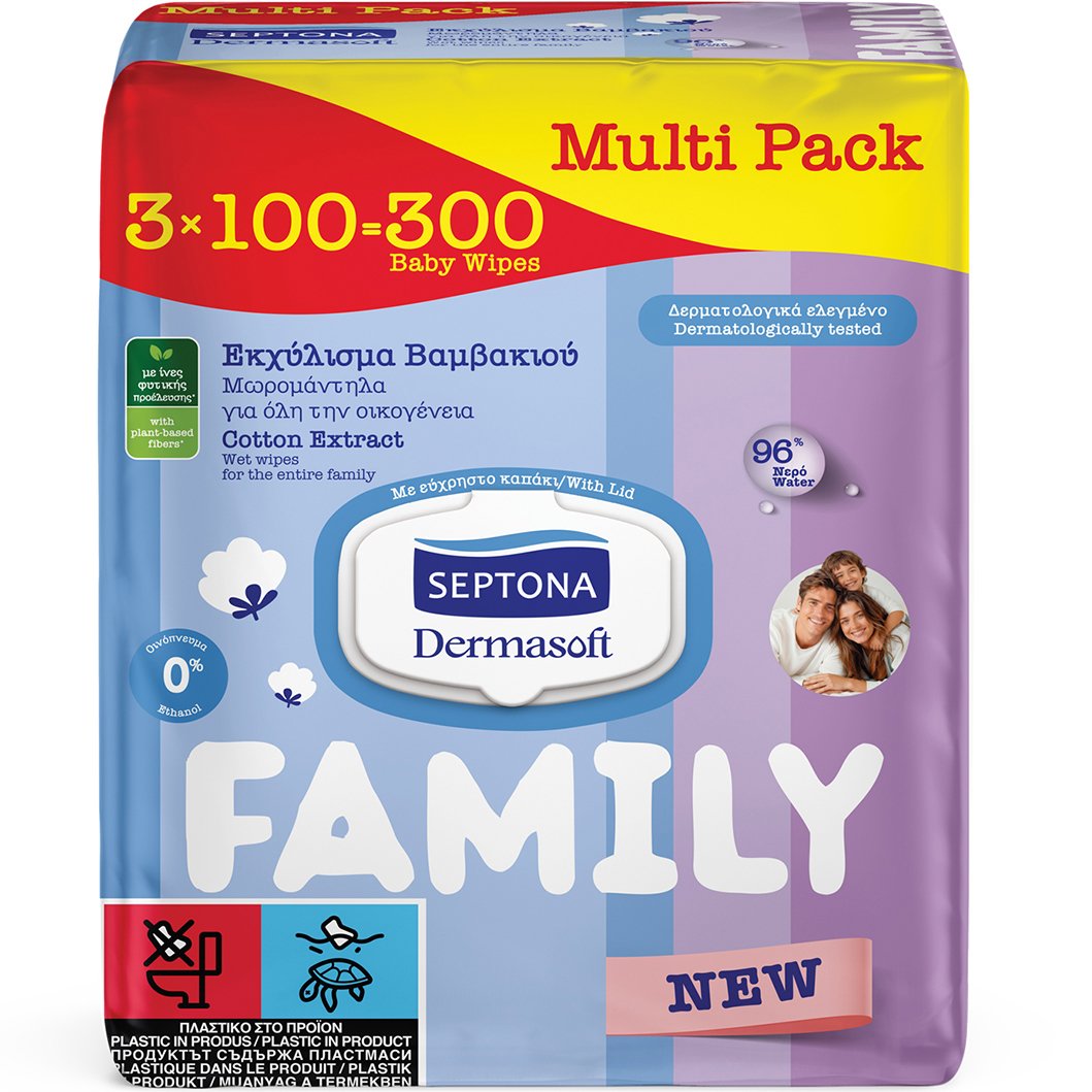 Septona Family Dermasoft with Cotton Extract Wet Wipes Απαλά Μωρομάντηλα για Όλη την Οικογένεια με Εκχύλισμα Βαμβακιού & Εύχρηστο Καπάκι 300 Τεμάχια (3x100 τεμάχια)
