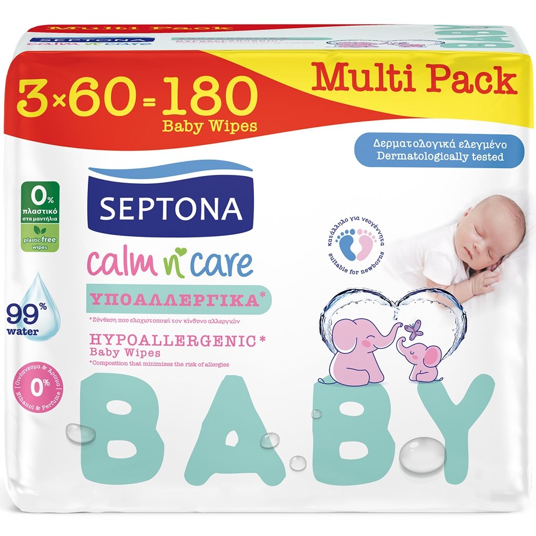 Septona Calm n' Care Hypoallergenic Baby Wipes Βρεφικά, Απαλά & Ενυδατικά Μωρομάντηλα με 99% Νερό & Σύνθεση που Ελαχιστοποιεί το Κίνδυνο Αλλεργιών 180 Τεμάχια (3x60 Τεμάχια)