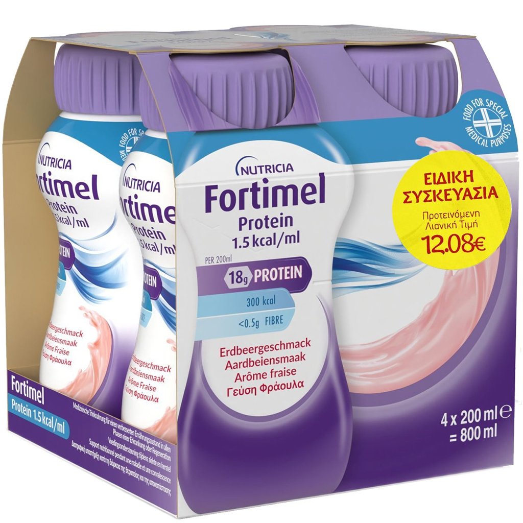 Nutricia Promo Fortimel Protein 1,5 kcal/ml Strawberry Πόσιμο Θρεπτικό Σκεύασμα Πλούσιο σε Πρωτεΐνες, Μέταλλα & Ιχνοστοιχεία για την Αντιμετώπιση Προβλημάτων Υποσιτισμού & Δυσθρεψίας που Σχετίζονται με Ασθένεια, με Γεύση Φράουλα 4x200ml