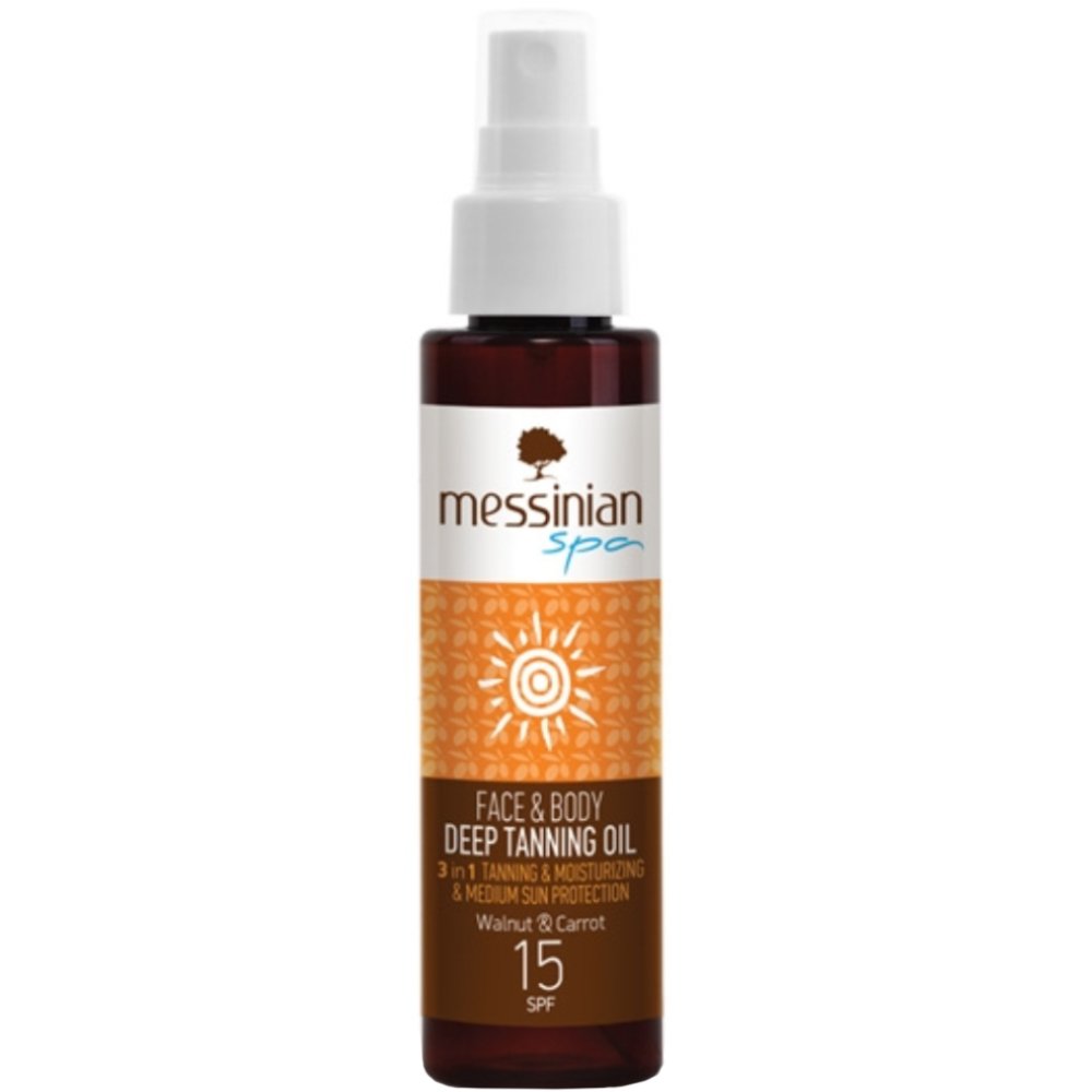 Messinian Spa Messinian Spa 3in1 Deep Tanning Oil Face & Body Spray Spf15, Αντηλιάκο Λάδι για Βαθύ Μαύρισμα Προσώπου & Σώματος Μεσαίας Προστασίας & Ενυδάτωσης με Καρύδι & Καρότο 100ml