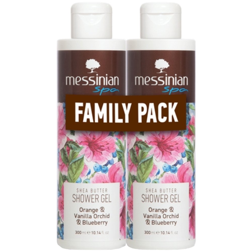 Messinian Spa Promo Shea Butter, Orange, Vanilla Orchid & Blueberry Shower Gel Ενυδατικό Αφρόλουτρο με Άρωμα Πορτοκάλι, Βανίλια, Ορχιδέα & Μύρτιλο για Καθημερινή Χρήση 600ml (2x300ml)