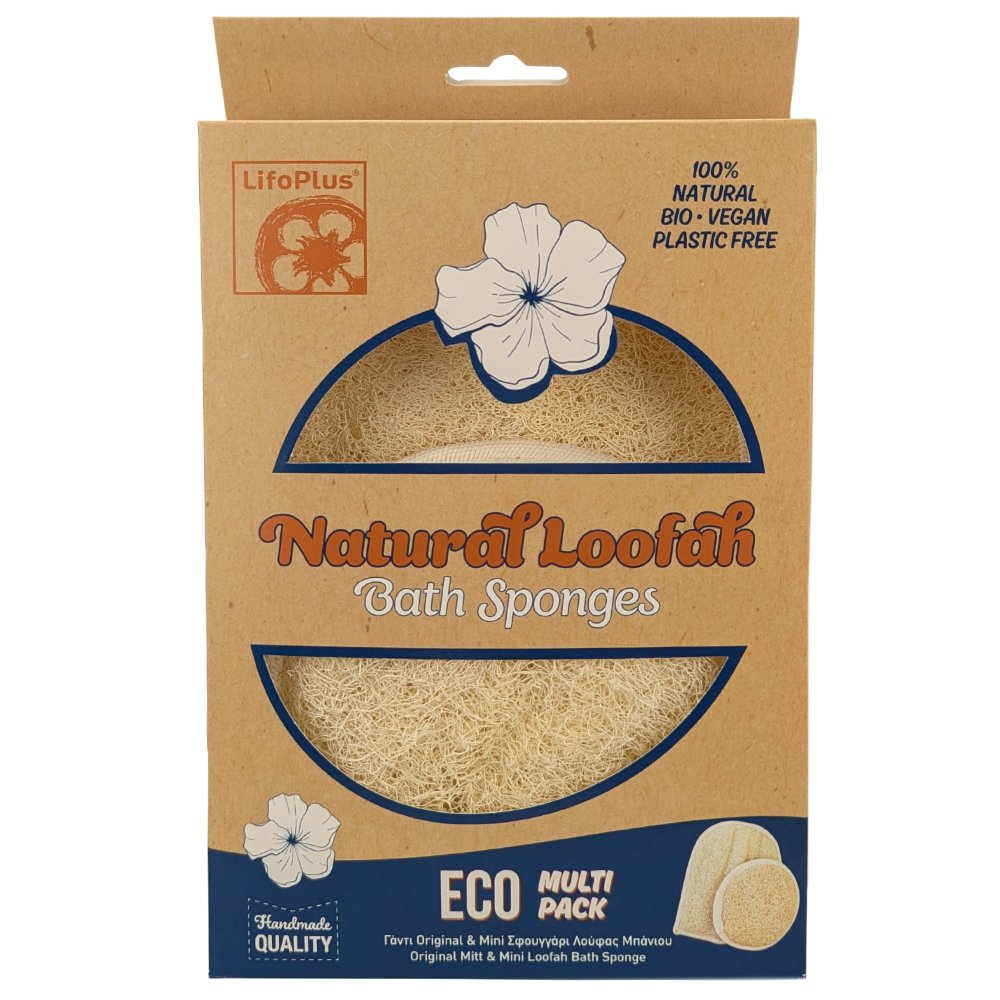 Lifoplus Lifoplus Natural Loofah Eco Multi Pack Original Mitt & Mini Loofah Bath Sponges Κανονικό Γάντι & Σφουγγάρι Λούφας Μπάνιου Μίνι για Βαθύ Καθαρισμό 2 Τεμάχια