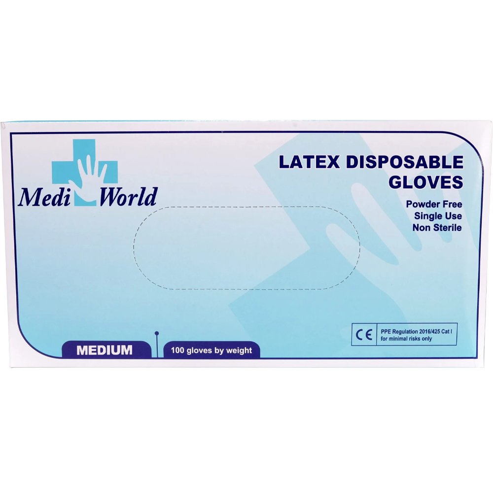Medi World Medi World Poweder Free Latex Disposable Gloves Γάντια Latex Χωρίς Πούδρα Μίας Χρήσης, μη Αποστειρωμένα 100 Τεμάχια - Medium